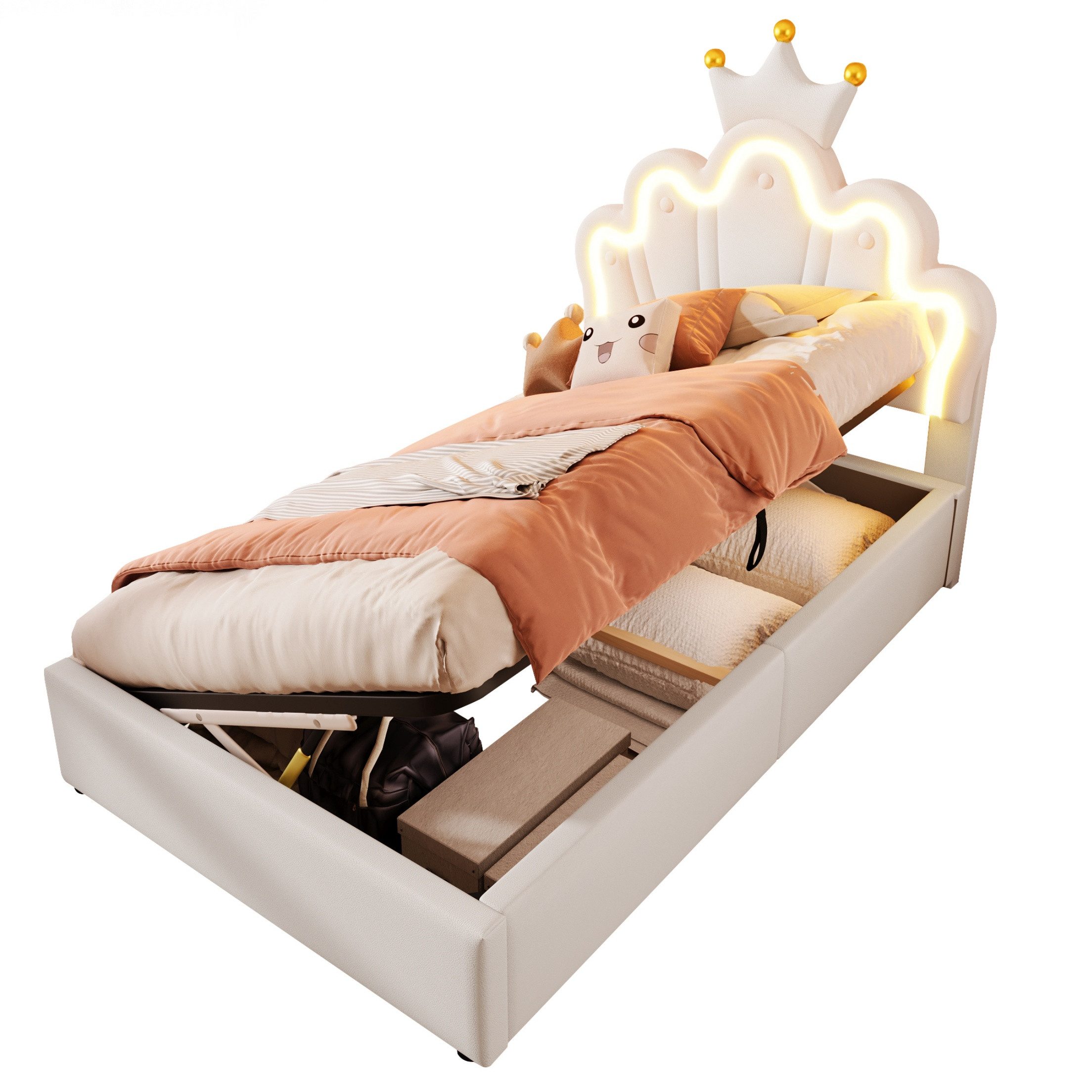 autolock Polsterbett Hydraulisches Einzelbett mit LED-Lichtband Verstellbares Kopfteil (90 x 200 cm, Ohne Matratze), Prinzessinnenbett in Kronenform Stauraumbett Continentalbett