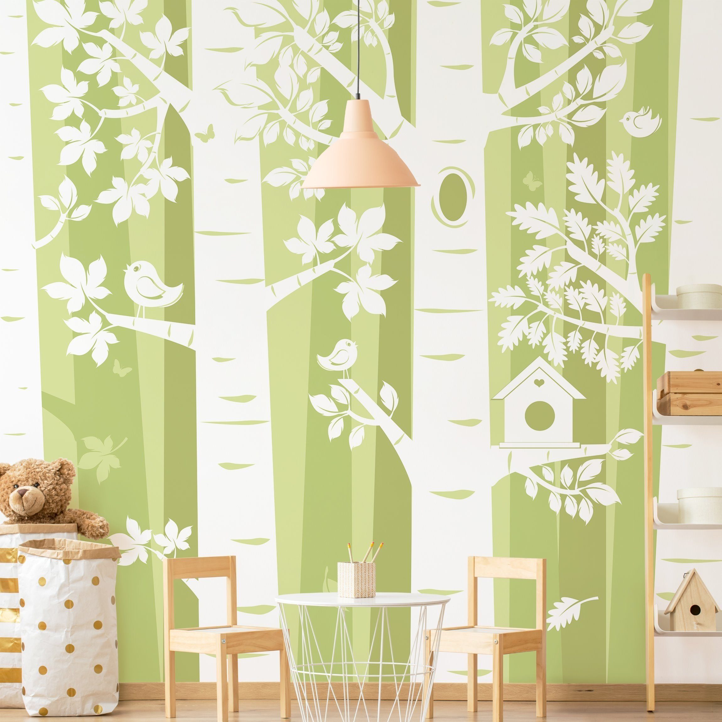 Bilderdepot24 Kindertapete Kinderzimmer Bäume Wald Grün Kinder Wanddeko Vögel Illustration XXL, Glatt, Matt, (Inklusive Gratis-Kleister oder selbstklebend), Mädchenzimmer Jungenzimmer Babyzimmer Bildtapete Fototapete Wandtapete