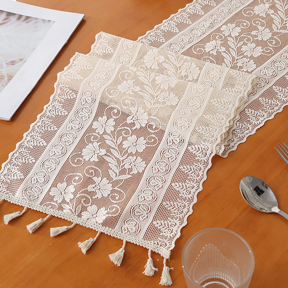 FOUORTUNATE-BEE Tischläufer Spitzen Tischläufer Bestickter Spitze Tischläufer mit Blumen Muster (Vintage Tischläufer Spitzentischdecken Rechteckige Tischdecke,  – Bild 5 von 5