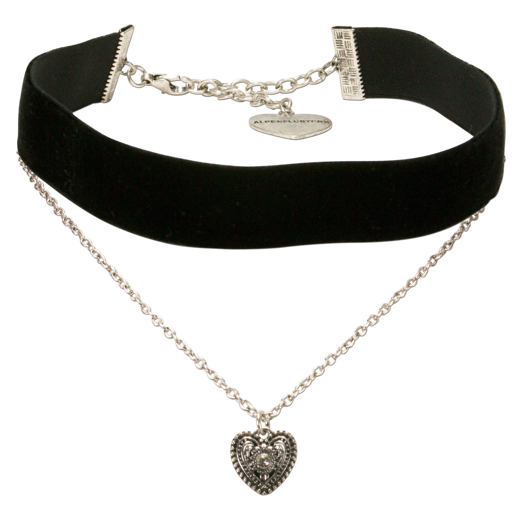 Alpenflüstern Choker Trachten-Samt-Kropfband Trachtenherz-Kette (schwarz), - nostalgische Trachtenkette enganliegend, Kropfkette elastisch, Damen