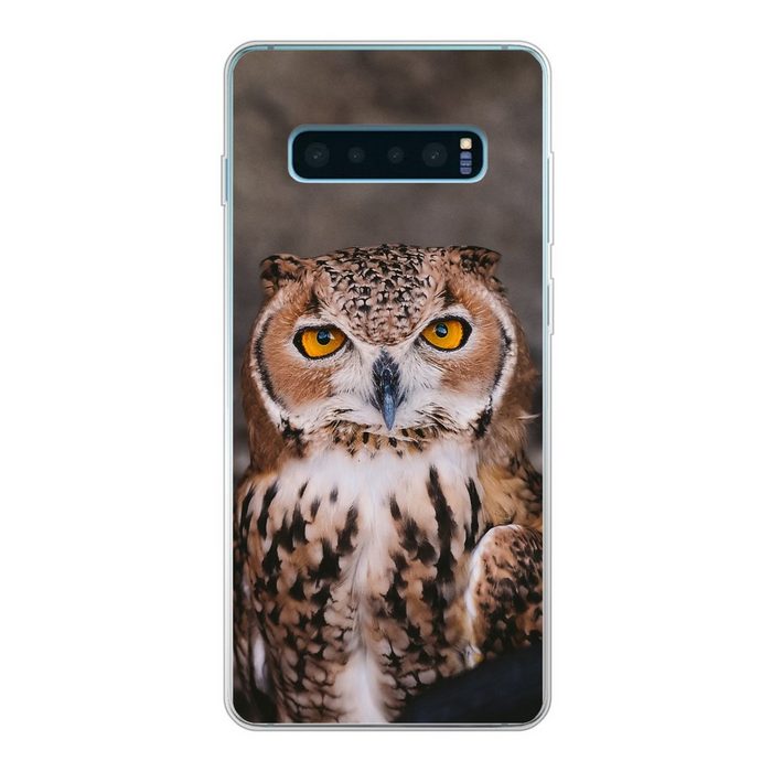 MuchoWow Handyhülle Braune Eule schaut direkt in die Kamera Phone Case Handyhülle Samsung Galaxy S10+ Silikon Schutzhülle