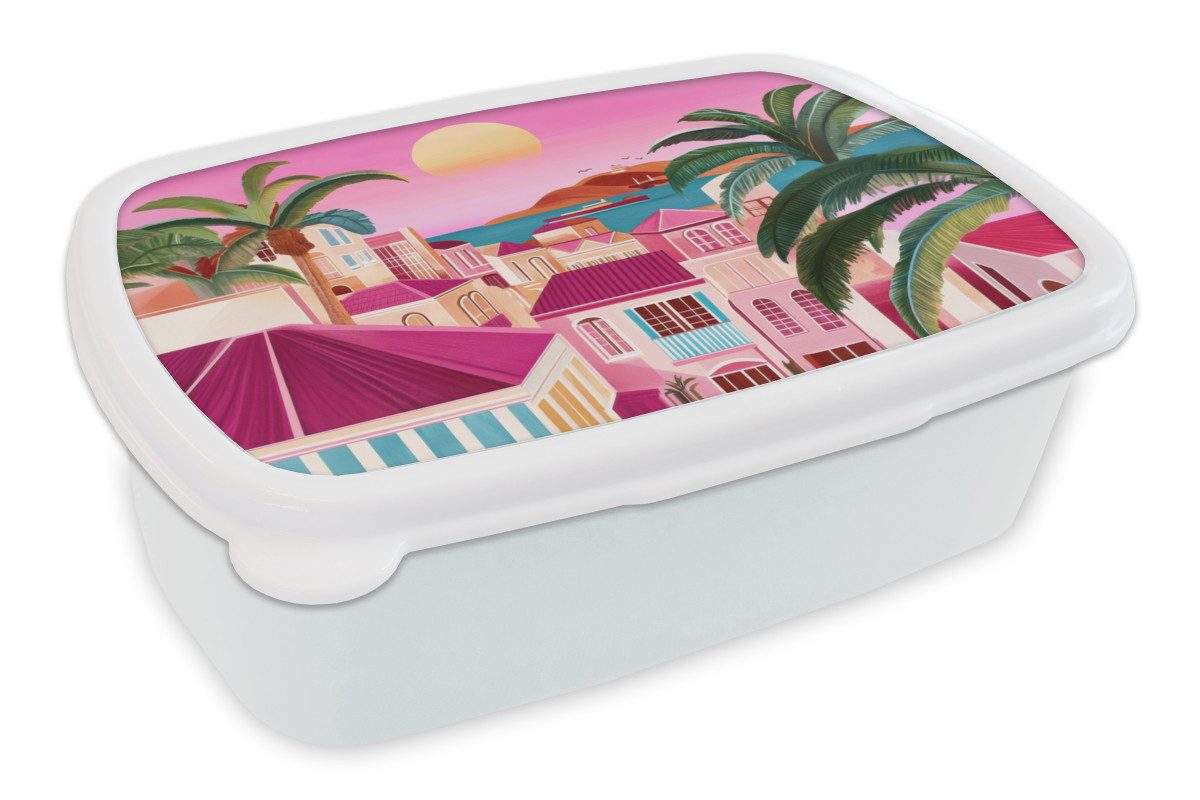 MuchoWow Lunchbox Stadt - Rosa - Palmen, Kunststoff, (2-tlg), Brotdose Schule oder Arbeit, Brotbox für Kinder und Erwachsene