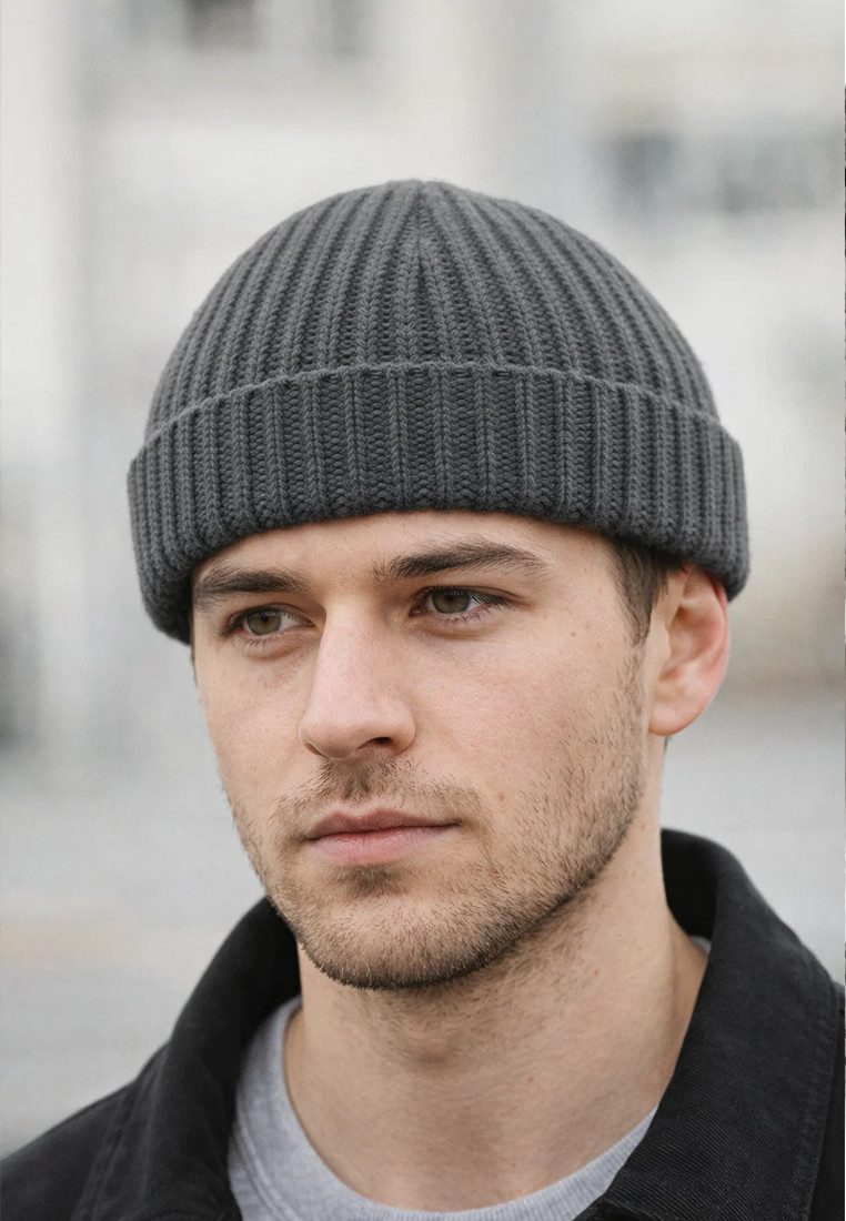 Yuhu Beanie Trawler Beanie Herren kurz Retro Dockermütze mit Umschlag Rippstrick