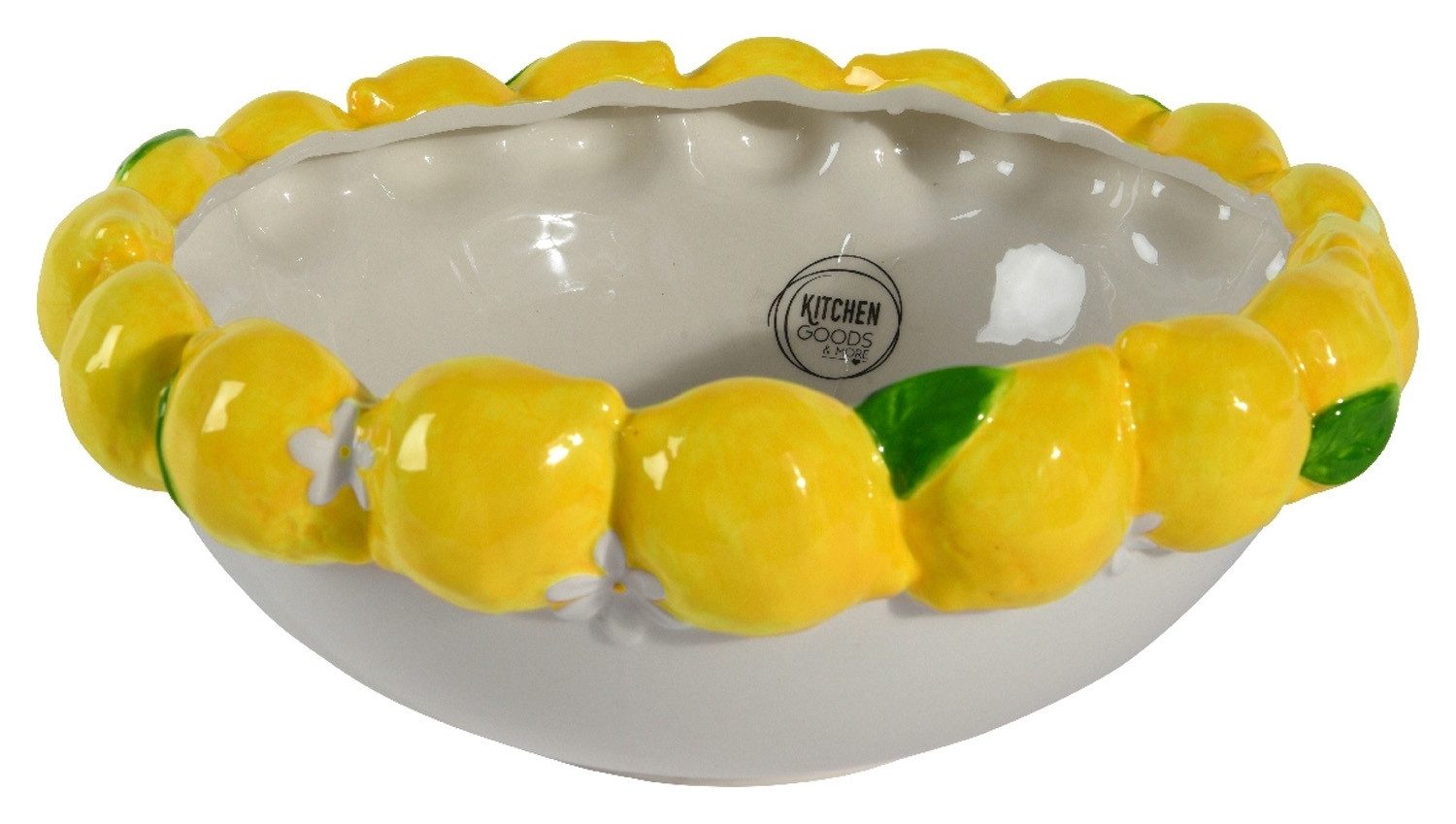 Kaemingk Schüssel CITRI, Ø 30 cm, Gelb, Weiß, Dolomit, mit Zitronen am Rand verziert