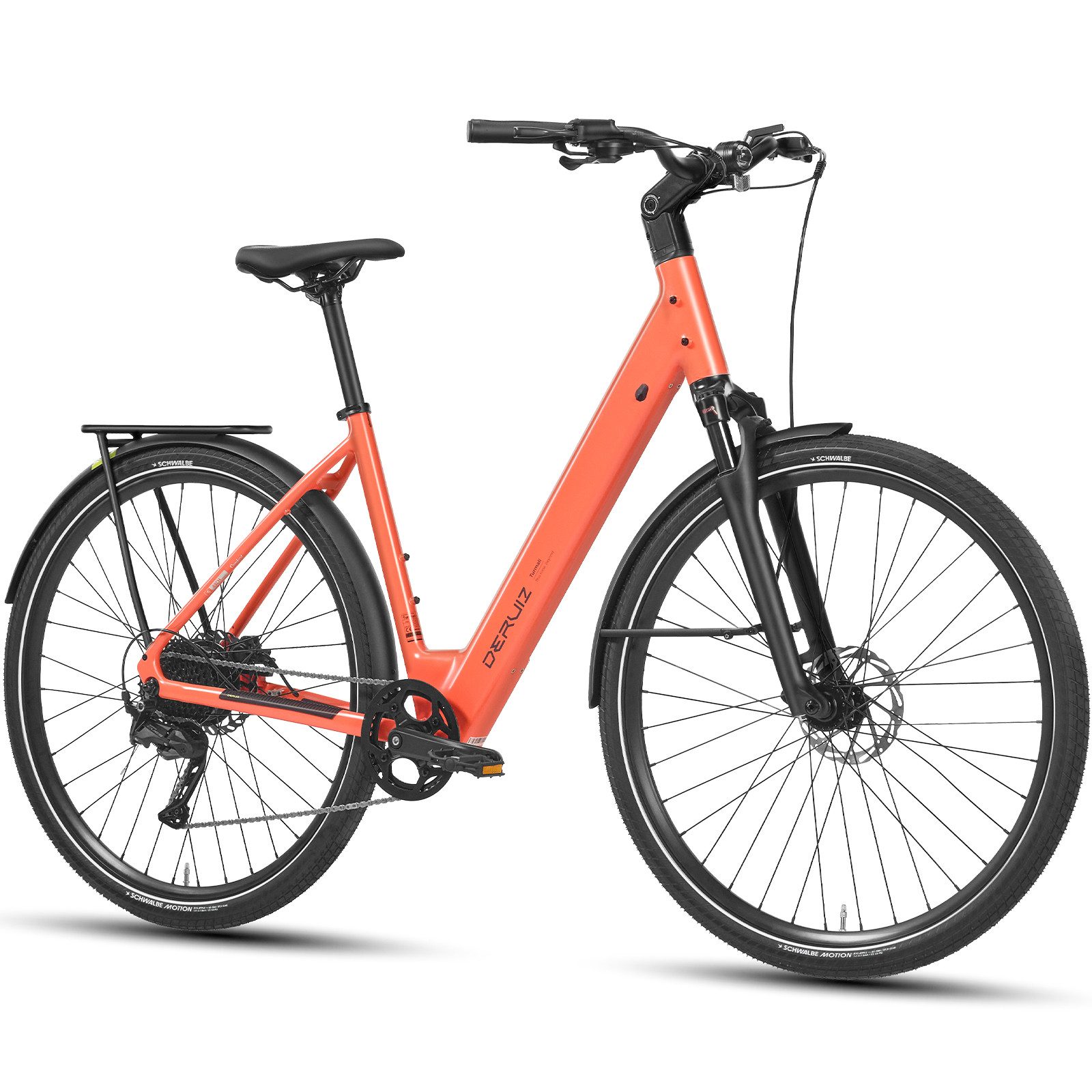 DERUIZ E-Bike Cityrad 28 Zoll Turmali Comfort, SHIMANO 9-Gang, Drehmomentsensor 40 Nm, 9 Gang SHIMANO, Heckmotor, 360 Wh, (Traglast ca. 140kg, RH:48,5cm, Tiefeinsteiger für Damen und Herren), 360-Wh-Akku, 63-mm-Federgabel, 21,8 kg, 5 Unterstützungsstufen