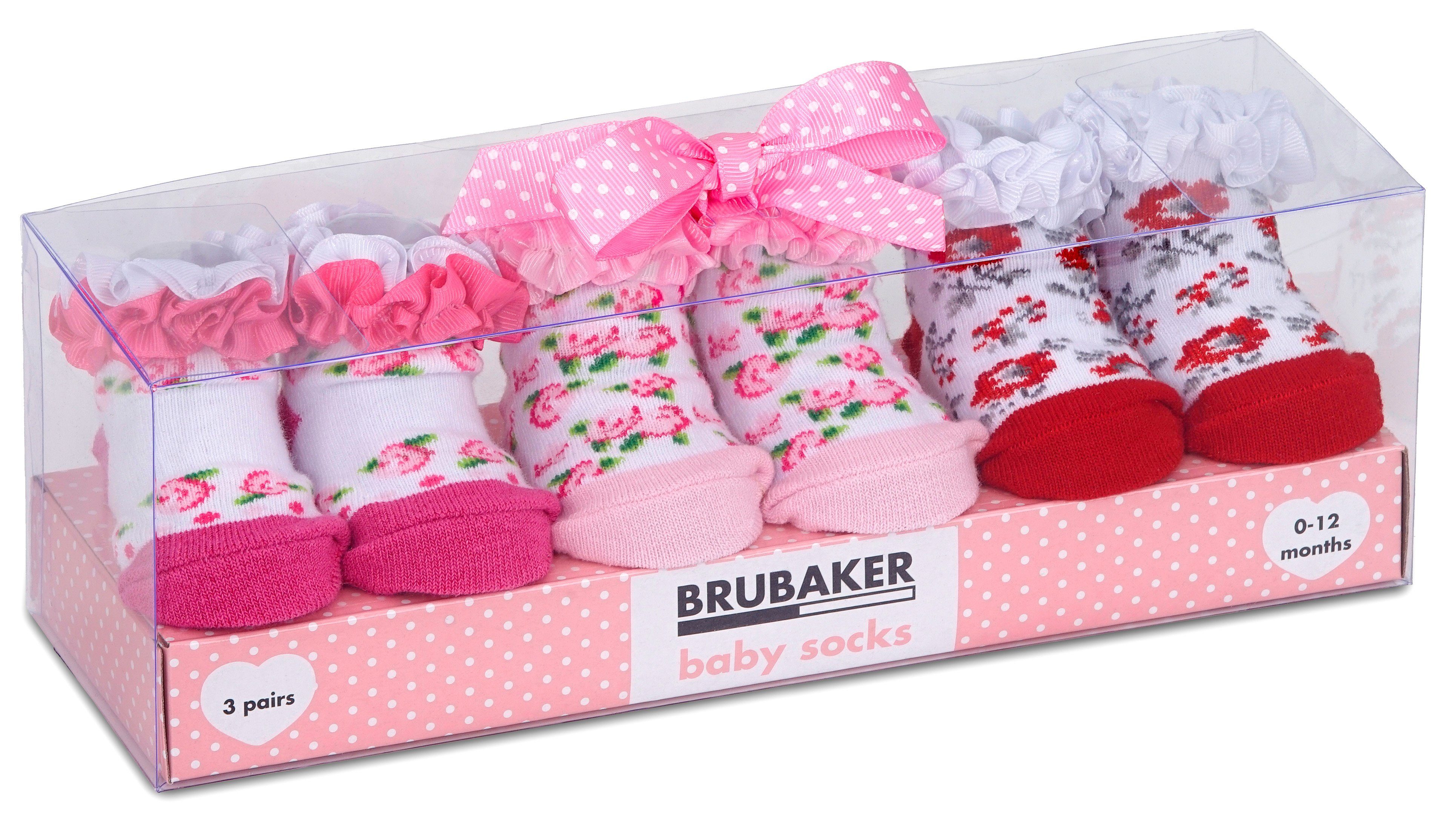 BRUBAKER Socken Babysocken für Mädchen 0-12 Monate (3-Paar, Baumwollsocken mit Blumenmotiven und Rüschen) Baby Geschenkset für Neugeborene in Geschenkverpackung mit Schleife
