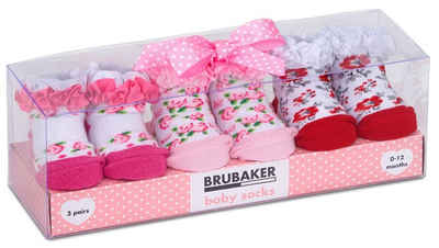 BRUBAKER Socken »Babysocken für Mädchen 0-12 Monate« (3-Paar, Baumwollsocken mit Blumenmotiven und Rüschen) Baby Geschenkset für Neugeborene in Geschenkverpackung mit Schleife