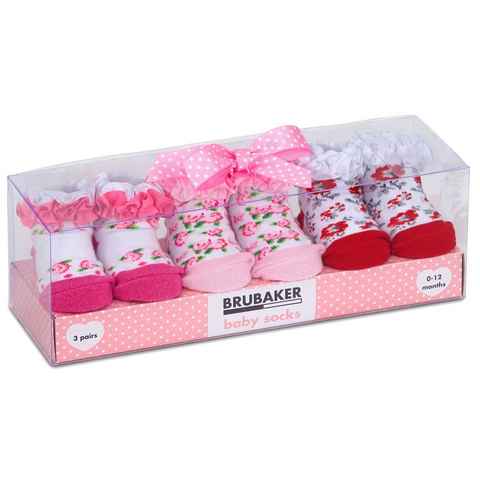 BRUBAKER Socken Babysocken für Mädchen 0-12 Monate (3-Paar, Baumwollsocken mit Blumenmotiven und Rüschen) Baby Geschenkset für Neugeborene in Geschenkverpackung mit Schleife