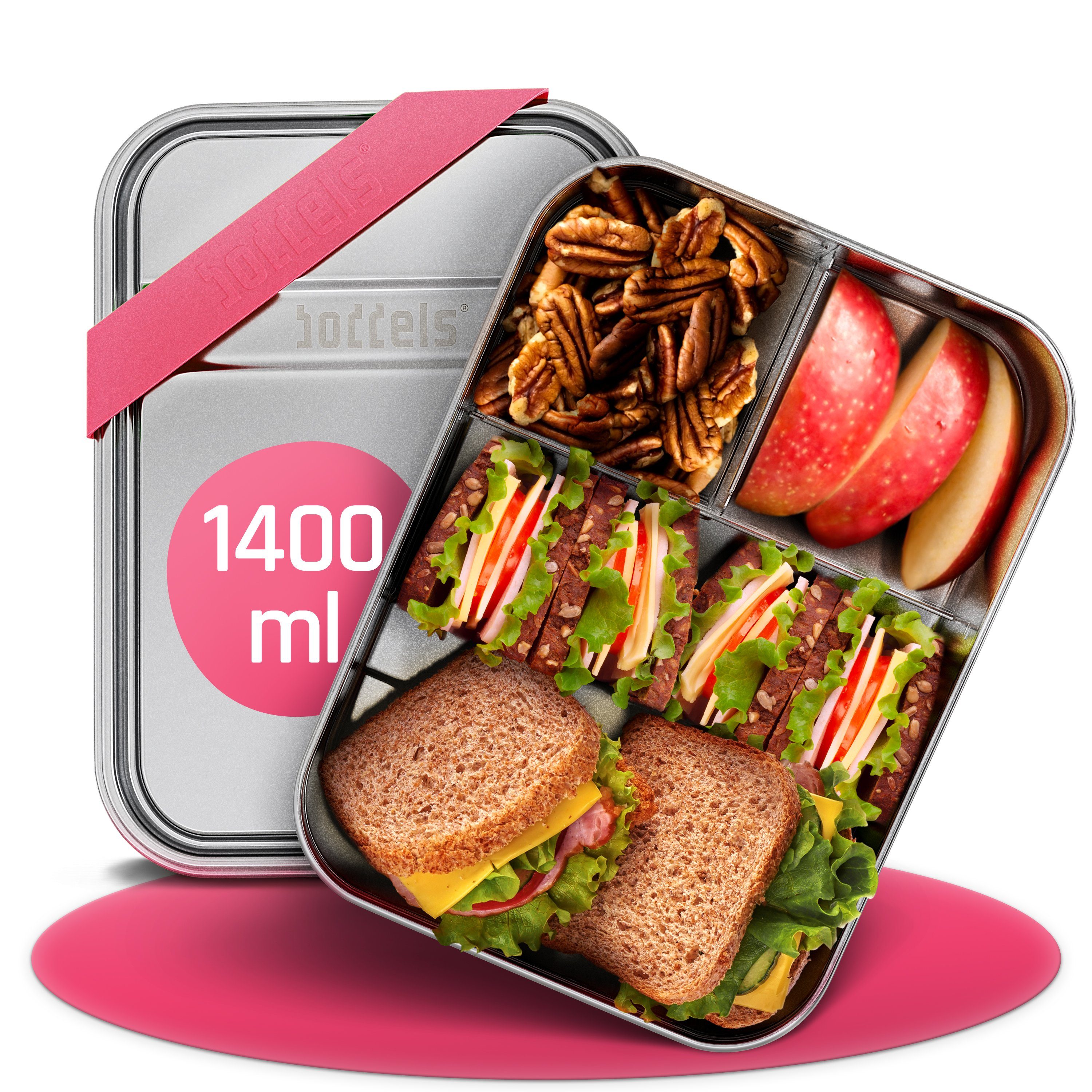 boddels Lunchbox SMACHT 1.400ml Brotdose aus Edelstahl, Edelstahl, Hält warm, Edelstahl, Trennwand Himbeerrot