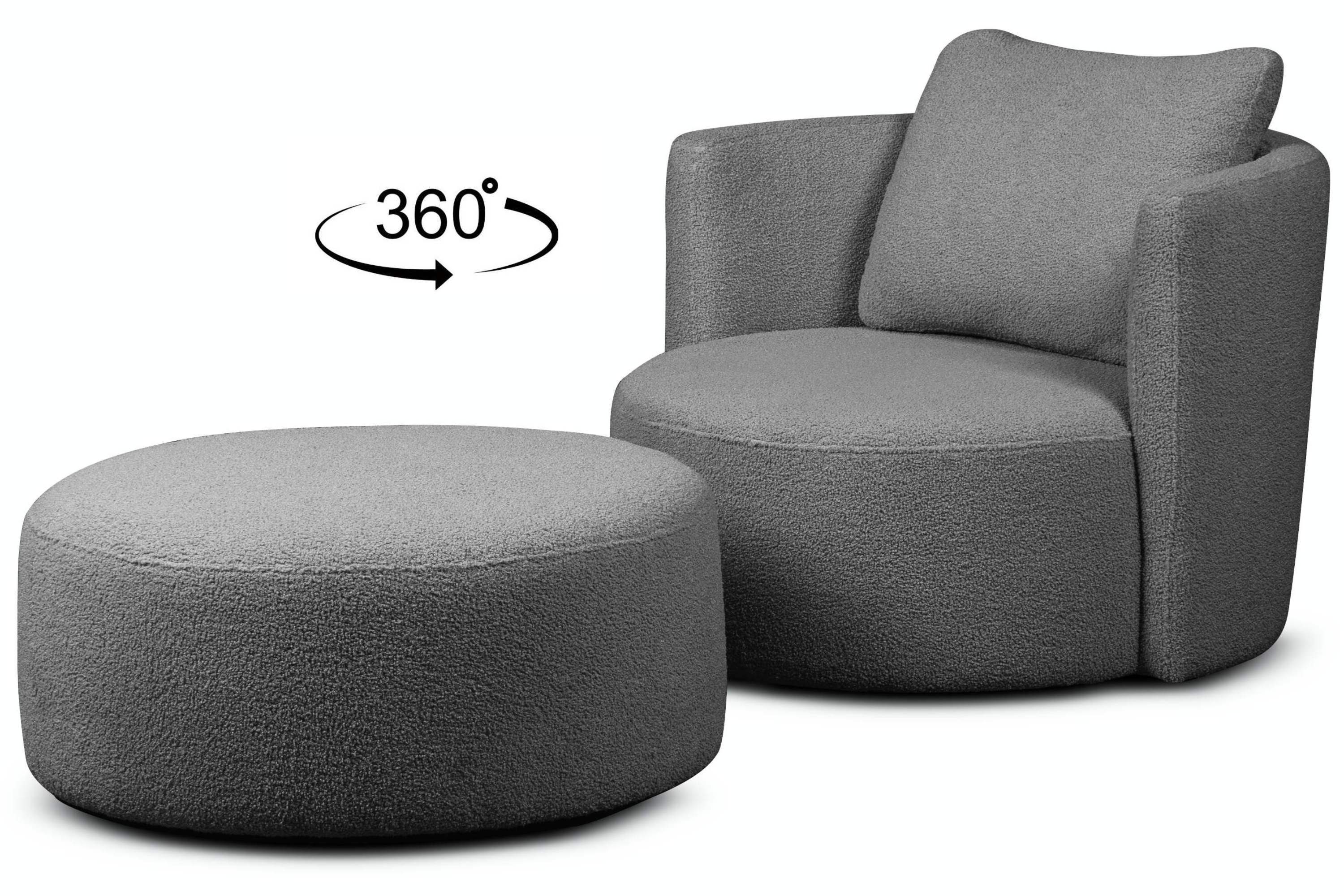 Konsimo Drehsessel RAGGI Sessel mit Sitzhocker, mit 360° Drehfunktion, Bouclé-Stoff, komfortables Sitzen