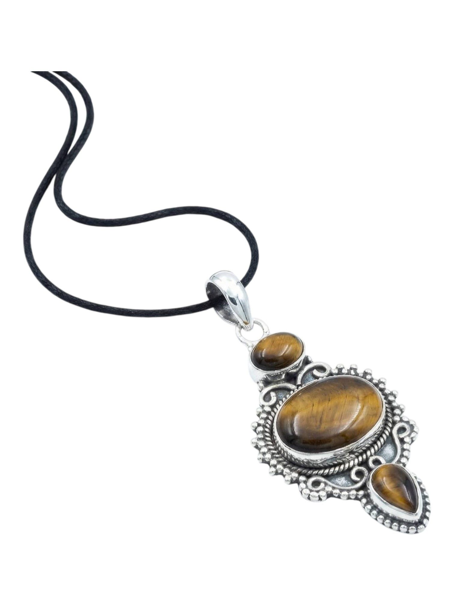 mantraroma Kettenanhänger BURUNG aus 925 Silber mit Tigerauge (Kettenanhänger am Baumwollband im Schmuckbeutel), 925 Sterling Silber Kettenanhänger für Damen