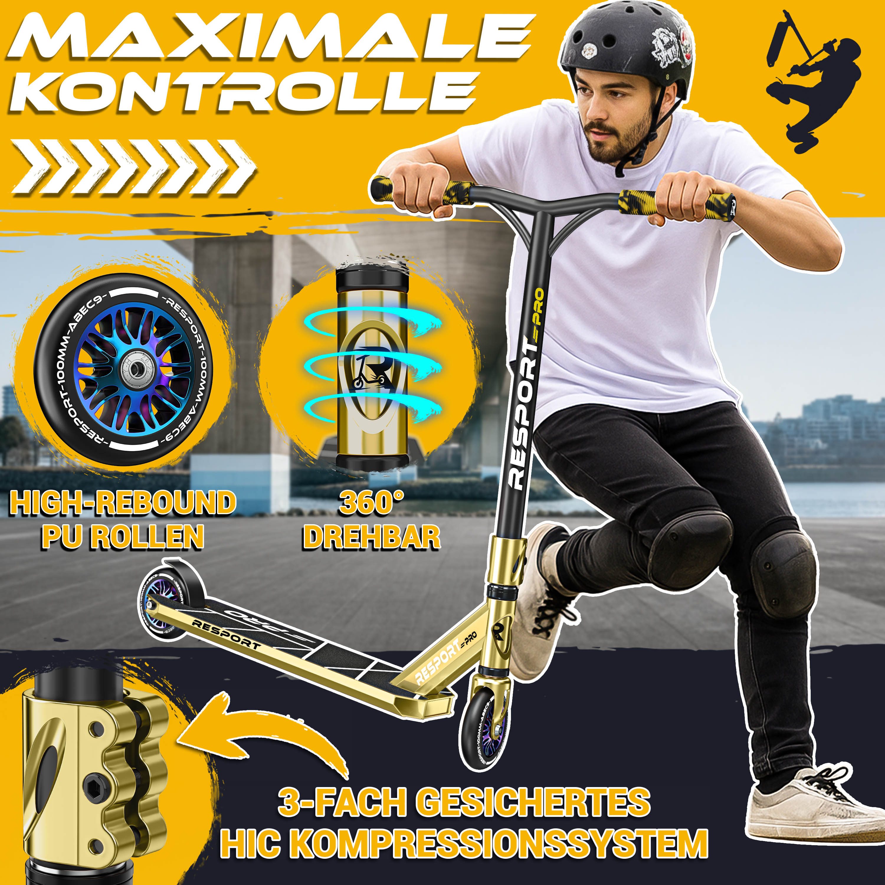 RE:SPORT Cityroller RE:SPORT® Revo Pro Stunt Scooter inkl. Ständer ABEC 9 Kugellagern, (Stuntscooter Kickscooter ABEC 9 Kugellager Trickroller, mit Ständer Profi Stuntroller 110mm PU Wheels & Y-Bar), Stunt Scooter REVO PRO für Kinder & Erwachsene