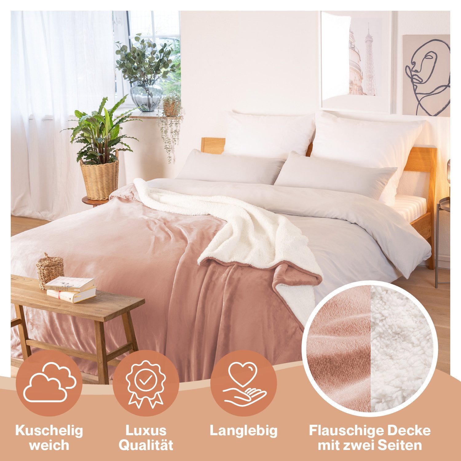 Wohndecke Sherpa-Fleecedecke, Oeko-TEX Zertifiziert, Blumtal, hochwertig, weich, warm, flauschig