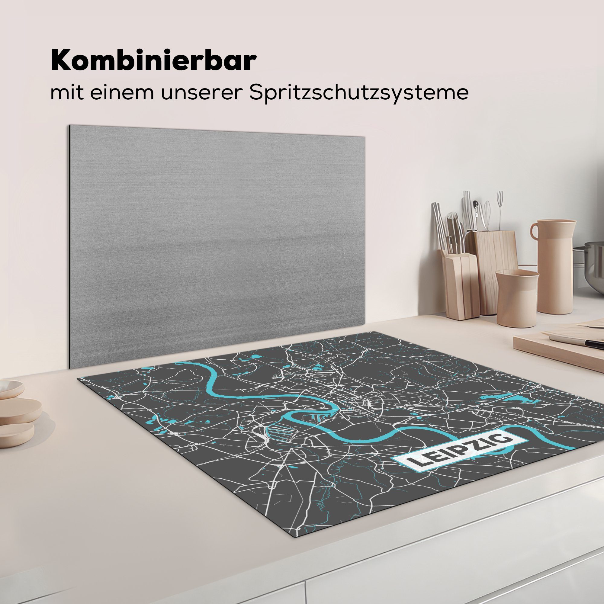 - Karte Stadtplan Arbeitsplatte 78x78 Blau küche - Herdblende-/Abdeckplatte - für (1 Leipzig Vinyl, tlg), - MuchoWow Ceranfeldabdeckung, cm, Deutschland,