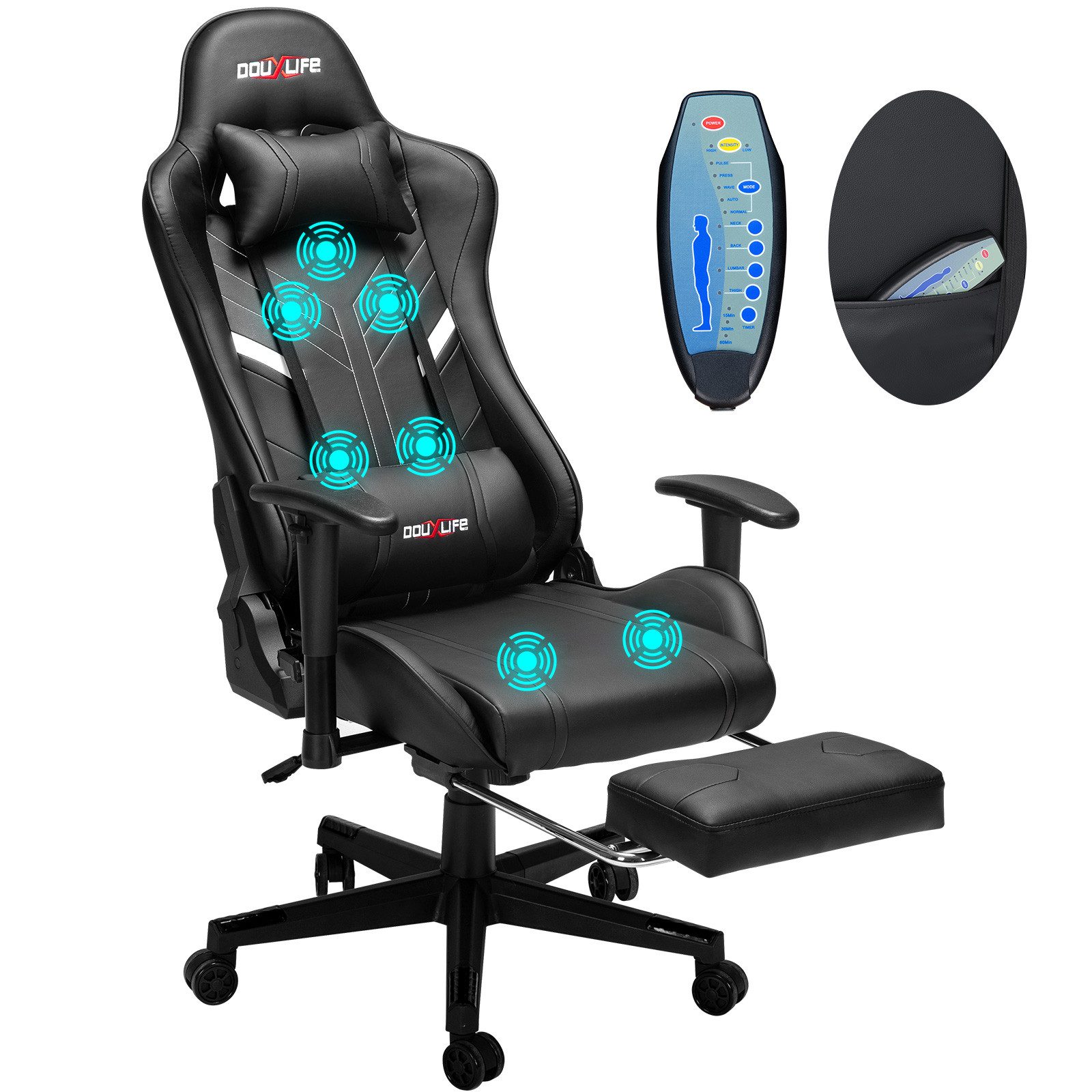 MAEREX Gaming-Stuhl (Ergonomischer Bürostuhl mit Fußstütze und Massage-Lendenkissen), 4 Massagemodi, Höhenverstellbar, Max 150kg, Hohe Rückenlehne