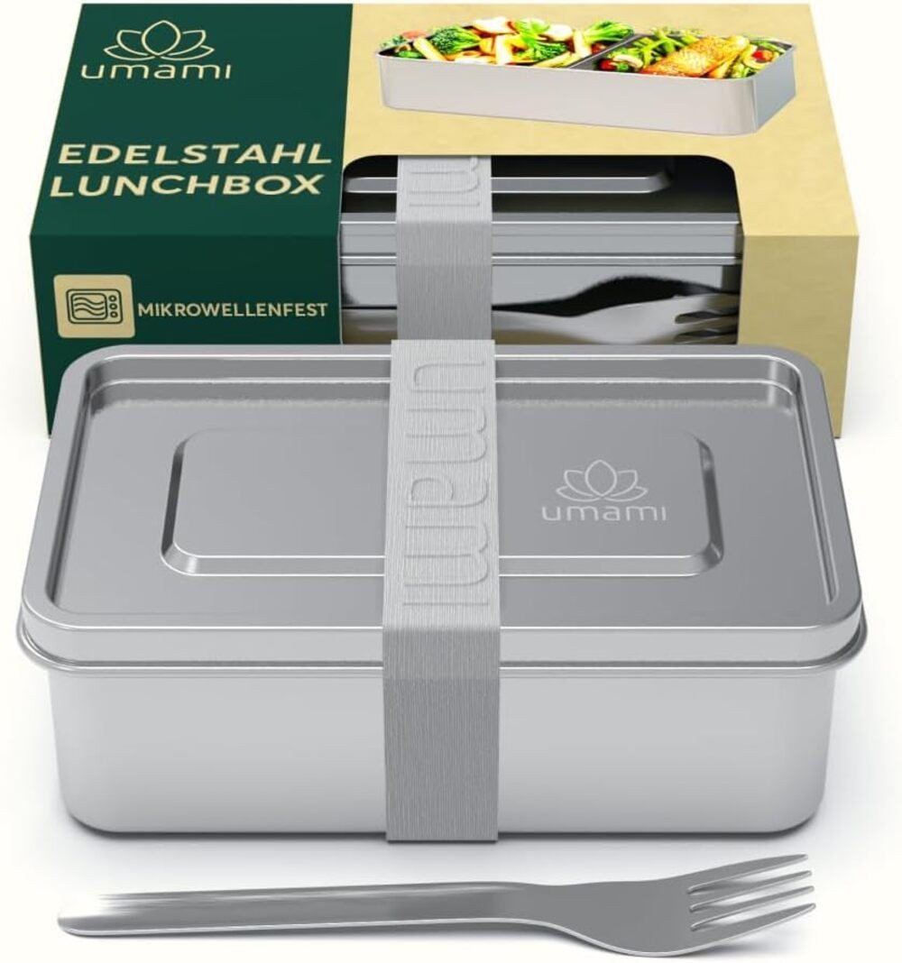 UMAMI Lunchbox mit Gabel & Verstellbarem Trenner, Mikrowellen Spülmaschinenfest, Edelstahl, Auslaufsicher für Erwachsene, Metall-Bento-Box
