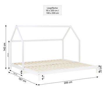 Homestyle4u Holzbett Hausbett ausziehbar 90x200 Weiß Matratze, ebene Liegefläche zum Kuscheln, Stillen und gemeinsamen Einschlafen