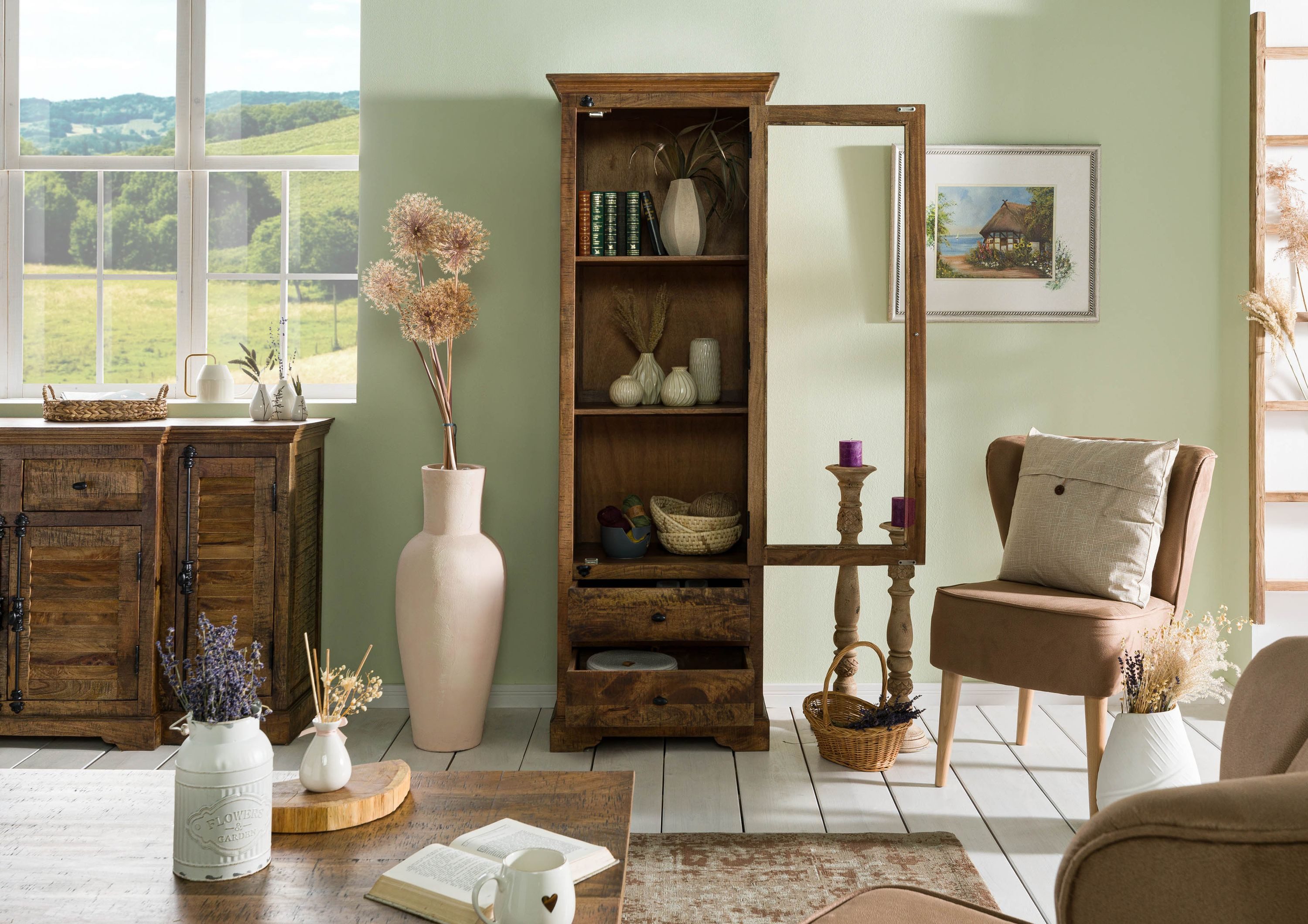 Massivmoebel24 Standvitrine RODEZ (Vitrine Mango 65x45x190 dunkelbraun geölt RODEZ #151) Vitrine Mango 65x45x190 dunkelbraun geölt RODEZ #151