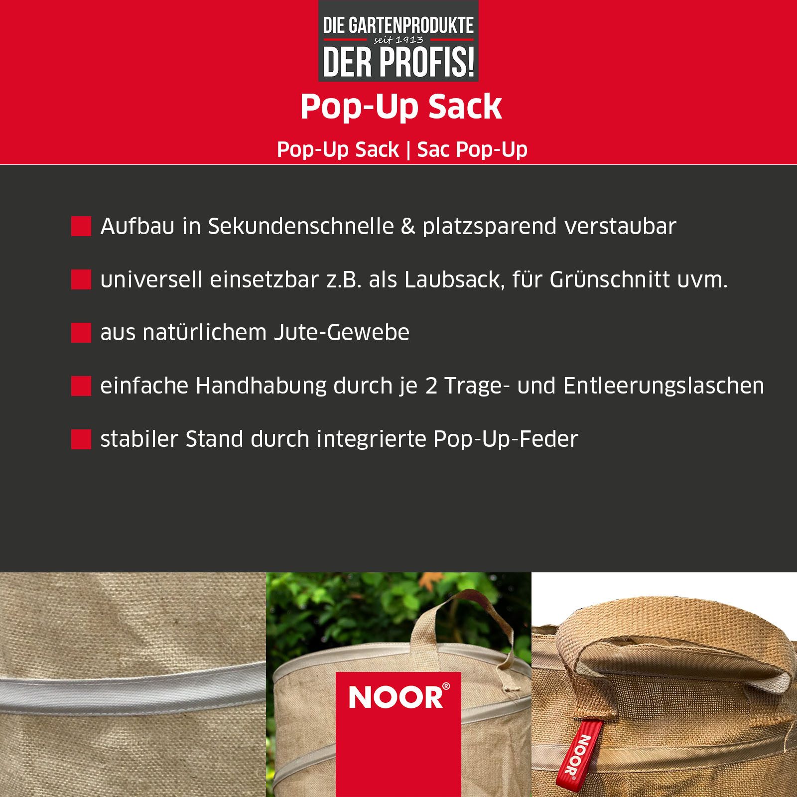NOOR Gartensack POP-UP faltbar, 100 l, standfester Laubsack für Gartenabfälle & Grünschnitt