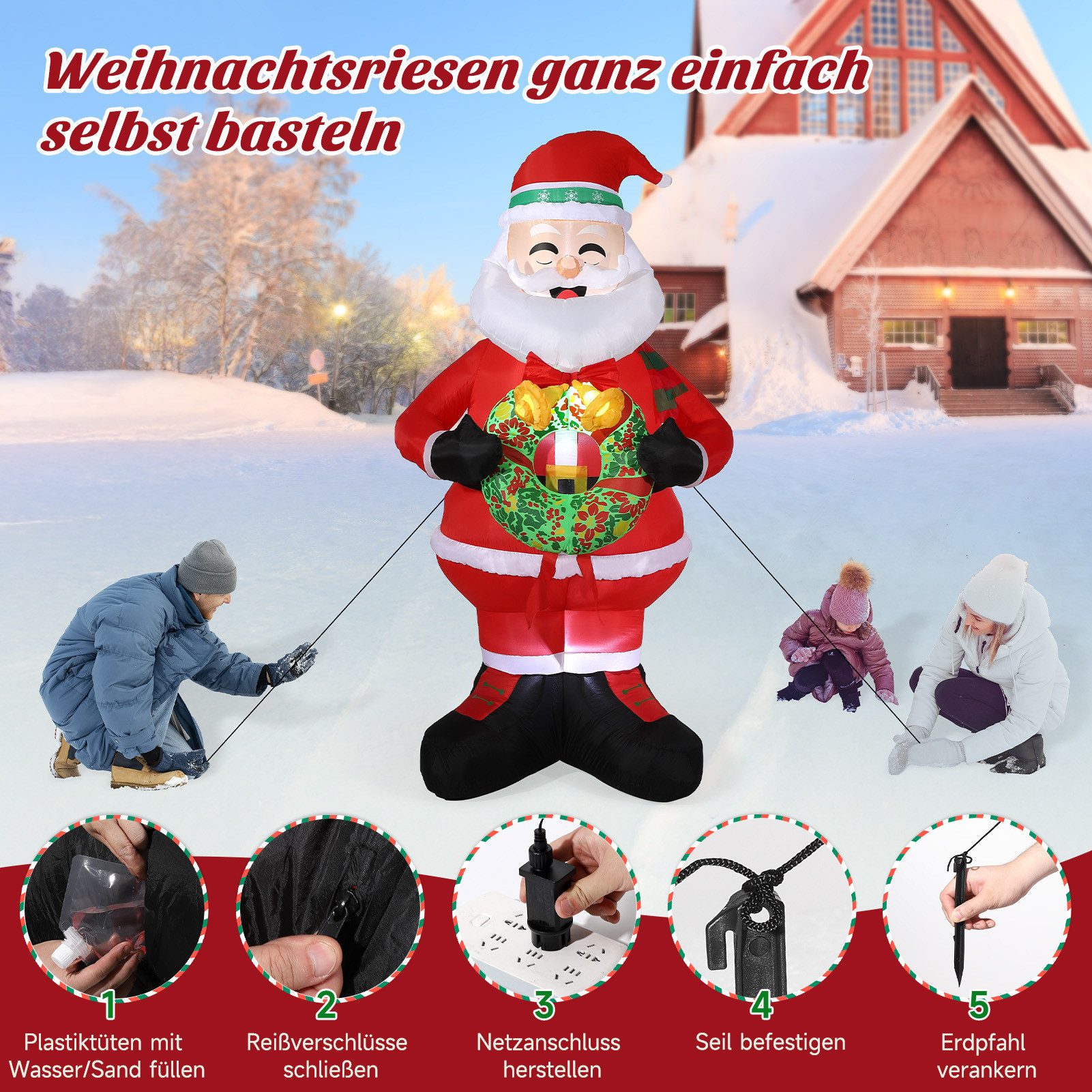 WOWDSGN Weihnachtsfigur Aufblasbarer Weihnachtsmann 150cm mit Kranz, LED Beleuchtung, mit Gebläse IP44 Wasserdicht, Innen und Außen, für Garten Hof Rasen – Bild 5 von 5