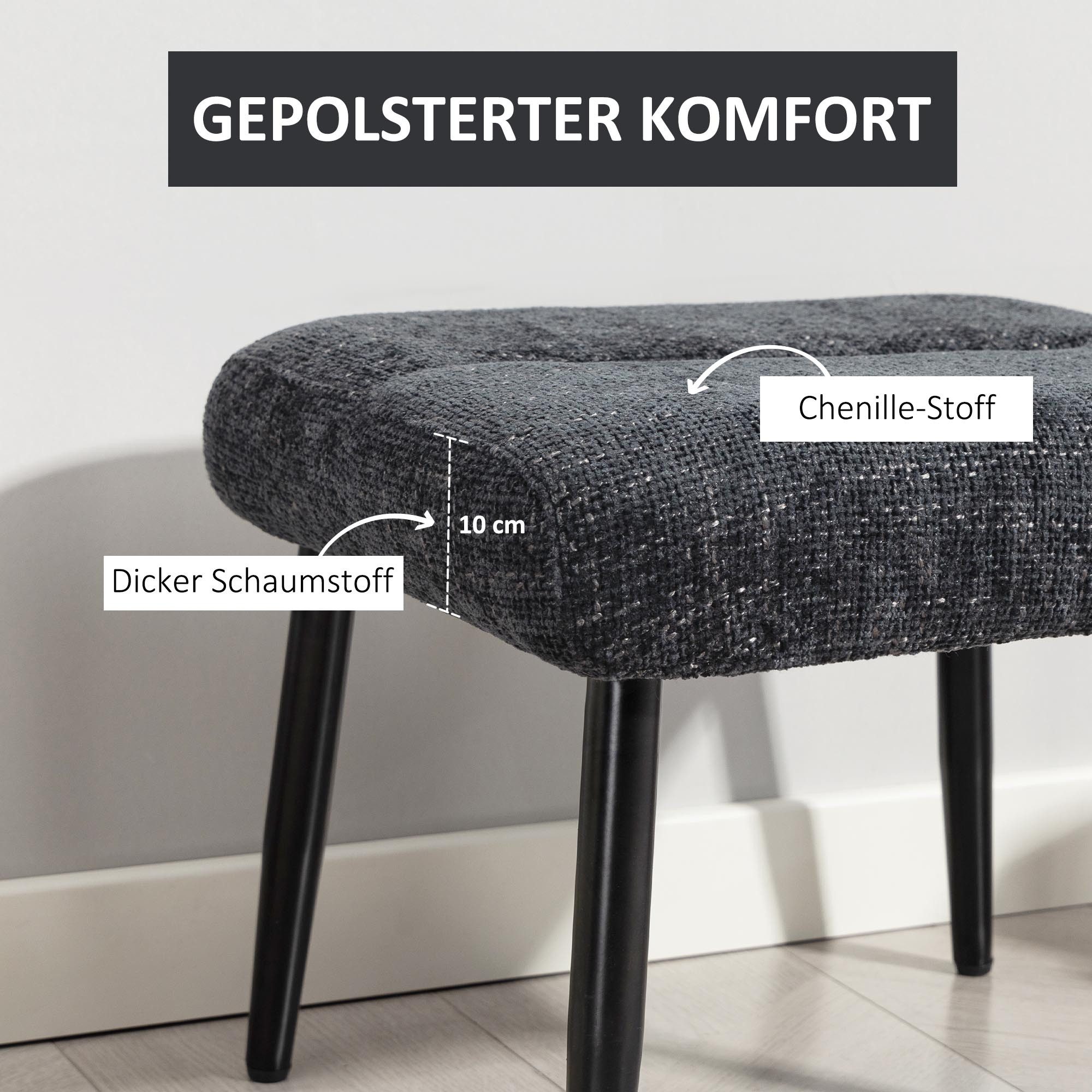 HOMCOM Fußhocker Sitzhocker mit weichem Sitzkissen Stahlbeinen Ottoman (Polsterhocker, 1 St., Fußstütze), für Schlafzimmer, Wohnzimmer, Dunkelgrau – Bild 4 von 5