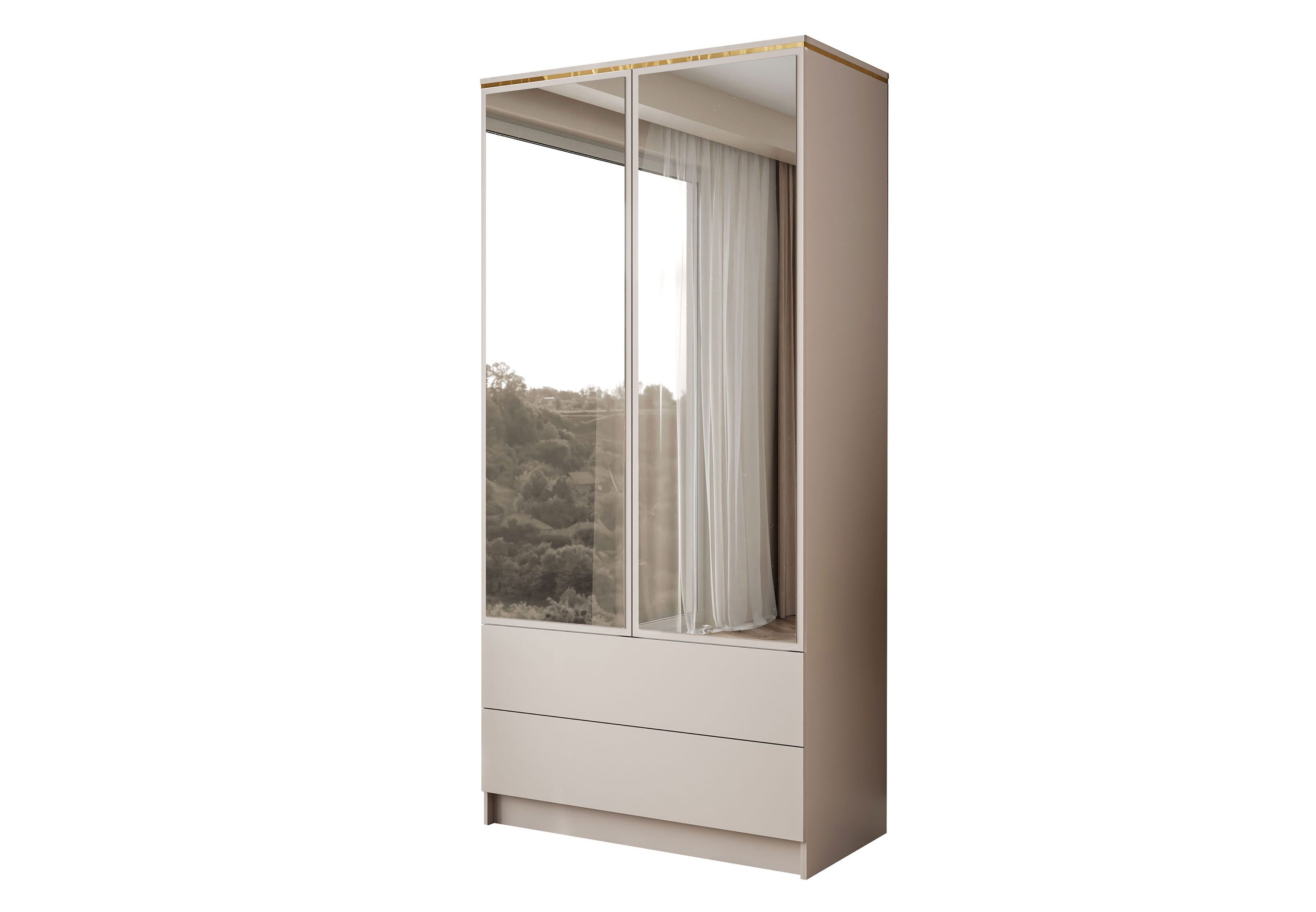 Lookway Kleiderschrank AURORA KASCHMIR 2D2S mit Spiegel Drehtürenschrank mit Schubladen (Kleiderschrank mit stilvoller Umrandung in Goldoptik) 100x213x57 cm