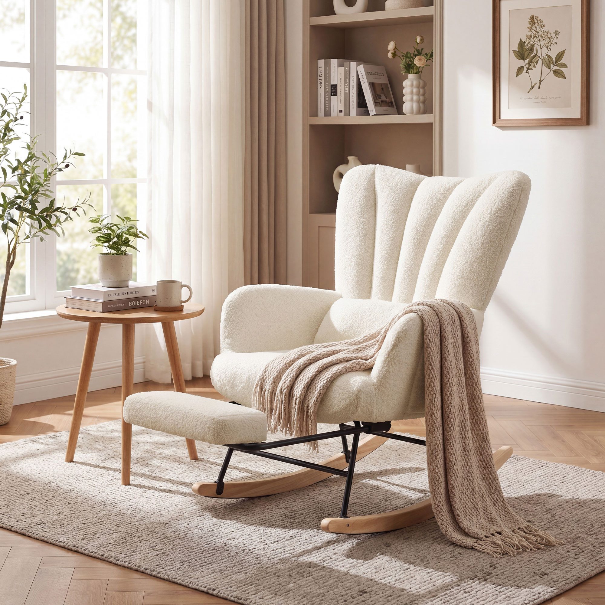 SONGMICS Schaukelsessel Schaukelstuhl Relaxsessel abnehmbares Kissen, für Schlafzimmer, Wohnzimmer, ausziehbare Fußstütze, Holzbeine, Fleece