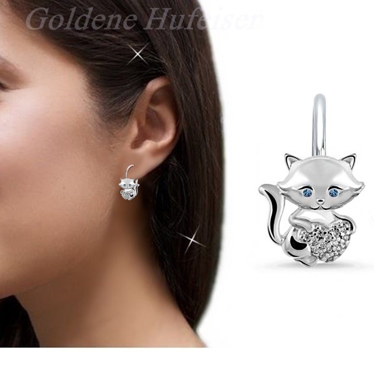 Goldene Hufeisen Paar Ohrhänger Mädchen Damen Katze Brisuren Ohrringe aus 925 Sterling Silber (1 Paar, inkl. Etui), Echtschmuck Ohrschmuck – Bild 2 von 4