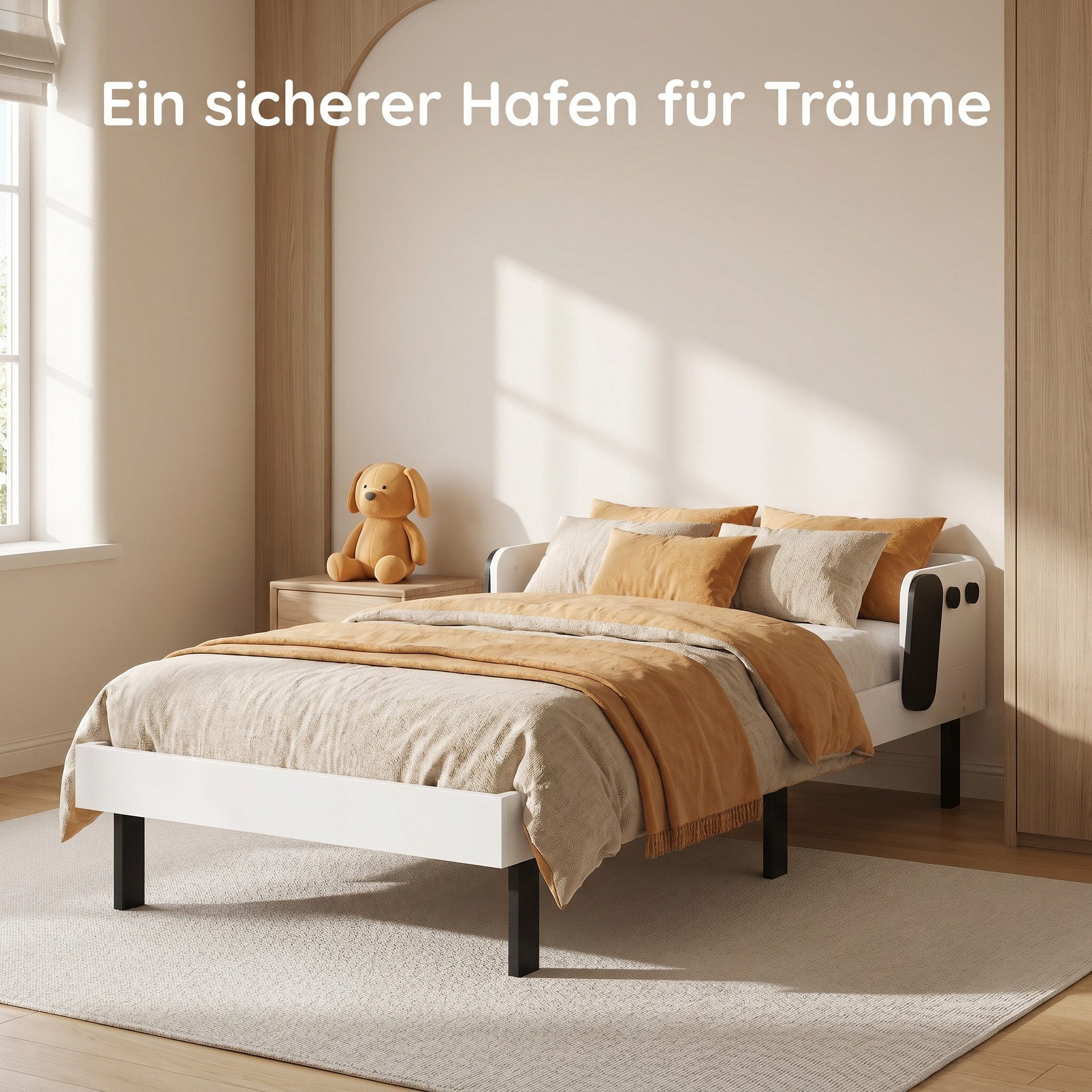 FUROKOY Kinderbett 90x200cm Einzelbett Jugendbett Holzbett mit Lattenrost (Massivholzbett Weiß), Welpen-Design,Sicherheitsdesign ohne scharfe Ecken,Ohne Matratze