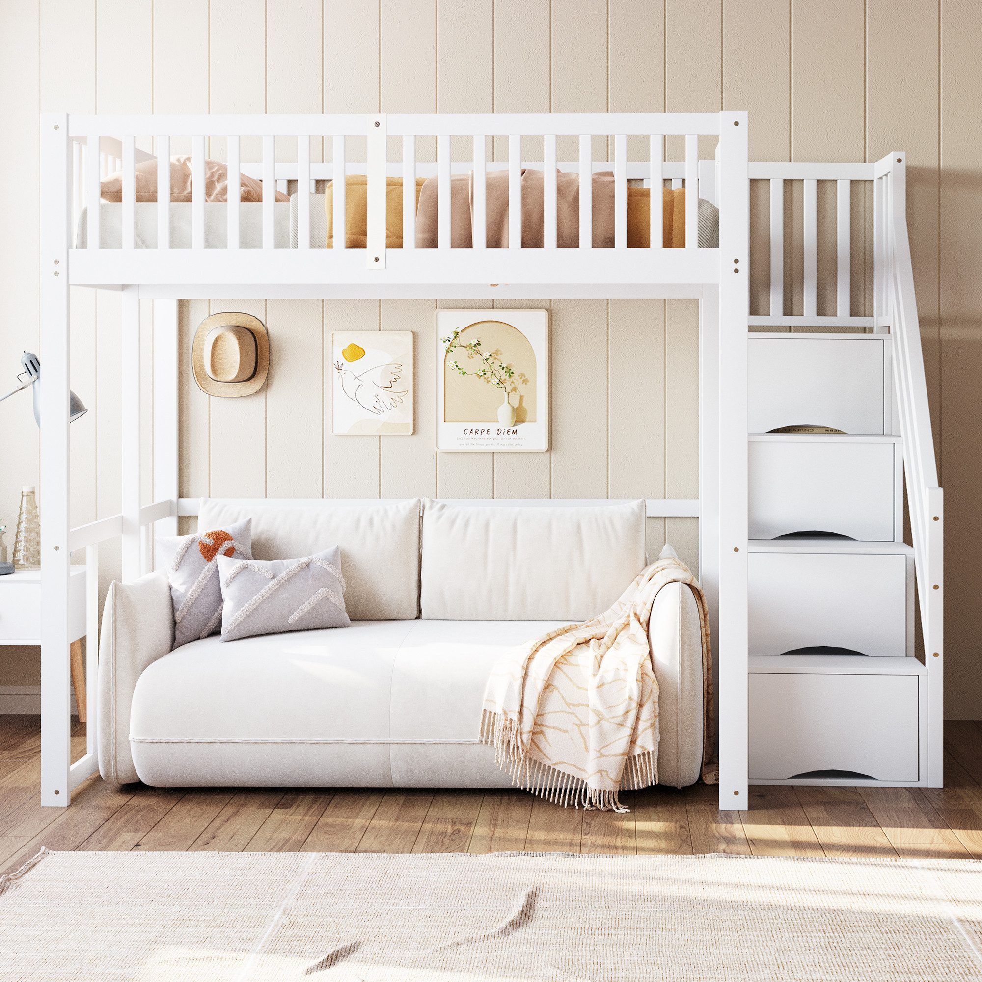 Odikalo Hochbett Hochbett mit Stauraum & Treppe, Weißes Holzbett aus Massiver Kiefer (Hochbett 140x200 / 90x200 cm mit Sicherheitsaufbewahrungsleiter, Sicherhei – Bild 2 von 5