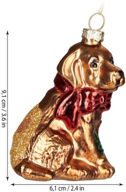 BRUBAKER Christbaumschmuck Labrador - Golden Retriever mit Schleife (1-tlg), Handbemalte Weihnachtskugel Hund aus Glas - Mundgeblasener Christbaumschmuck Goldhund Moderne Deko Anhänger Lustige Baumkugel - 9,1 cm