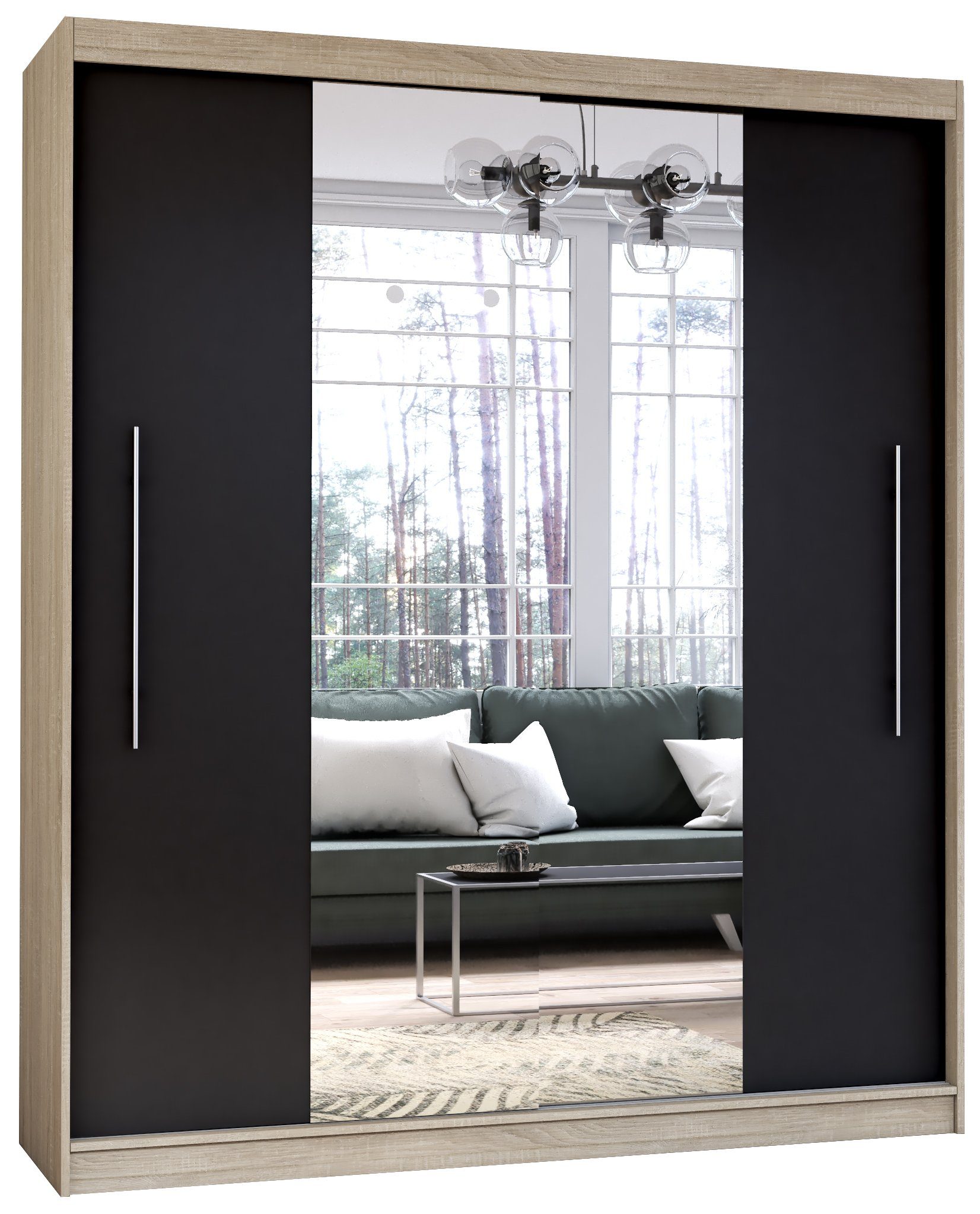 Polini Home Schwebetürenschrank Prime Comfort 204x218x58 cm Spiegel mittig in Eiche-Schwarz eiche-schwarz | eiche