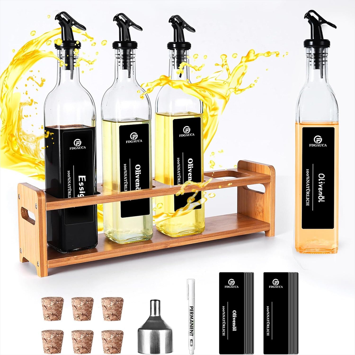 Ölspender Essig und Ölflaschen Set(4X500ml) mit Bambus Regale,Ölspender