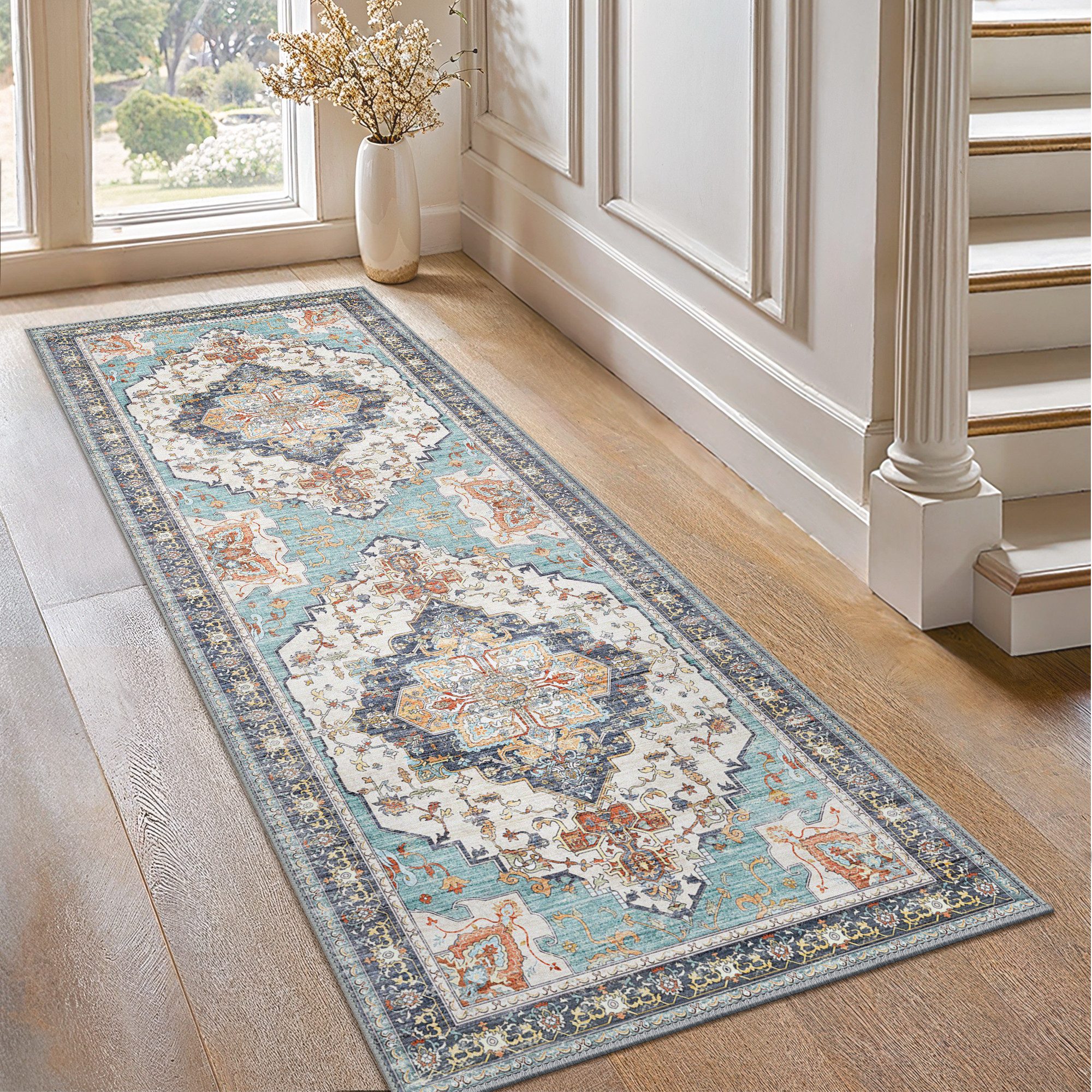 GENIMO Teppich Wohnzimmer Teppich, Boho Vintage, waschbar, rutschfest, Kurzflor, groß, rechteckig, 60x150cm, hellblau