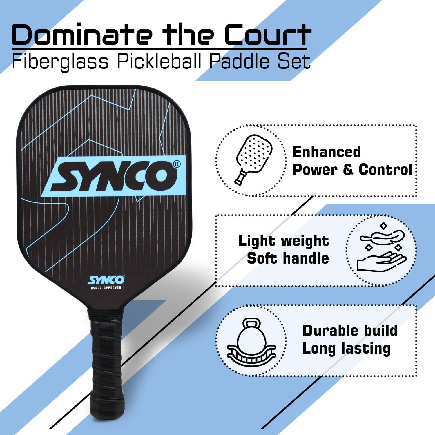 GICO Pickleballschläger Synco Premium Pickleball Set mit 2 Fiberglas Schläger + 4 Bälle 1061