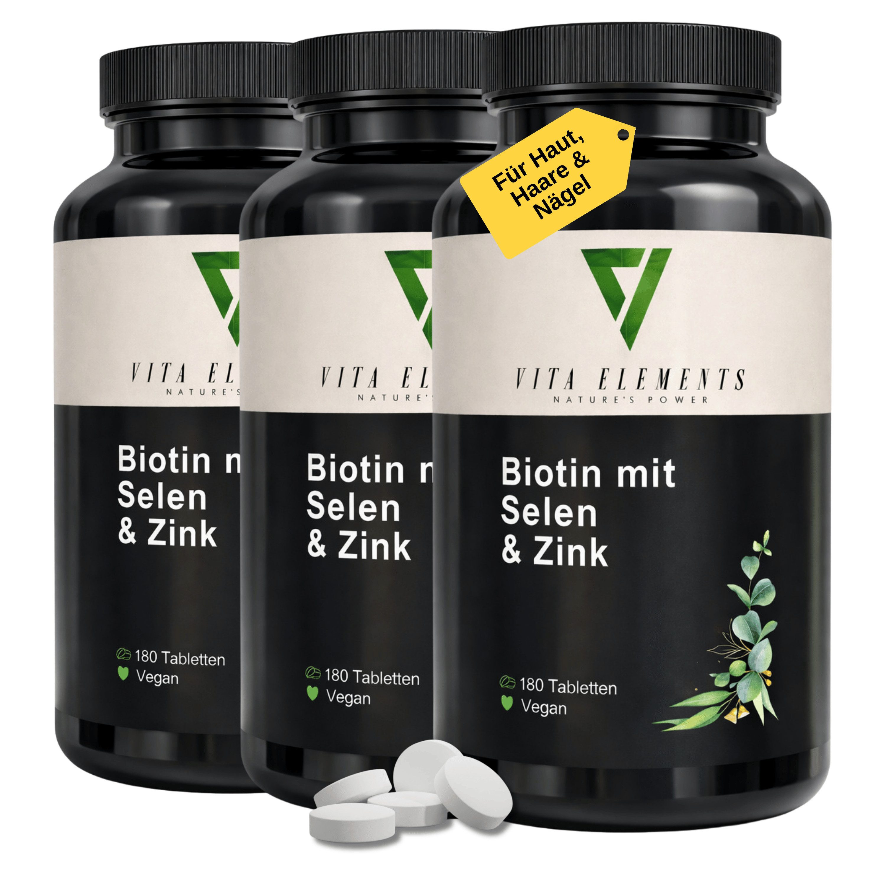 Vita Elements 3er Set Biotin mit Selen & Zink Tabletten, 1095 Stk. Vegan Frei von Gentechnik Ohne unnötige Zusätze Laborgeprüft