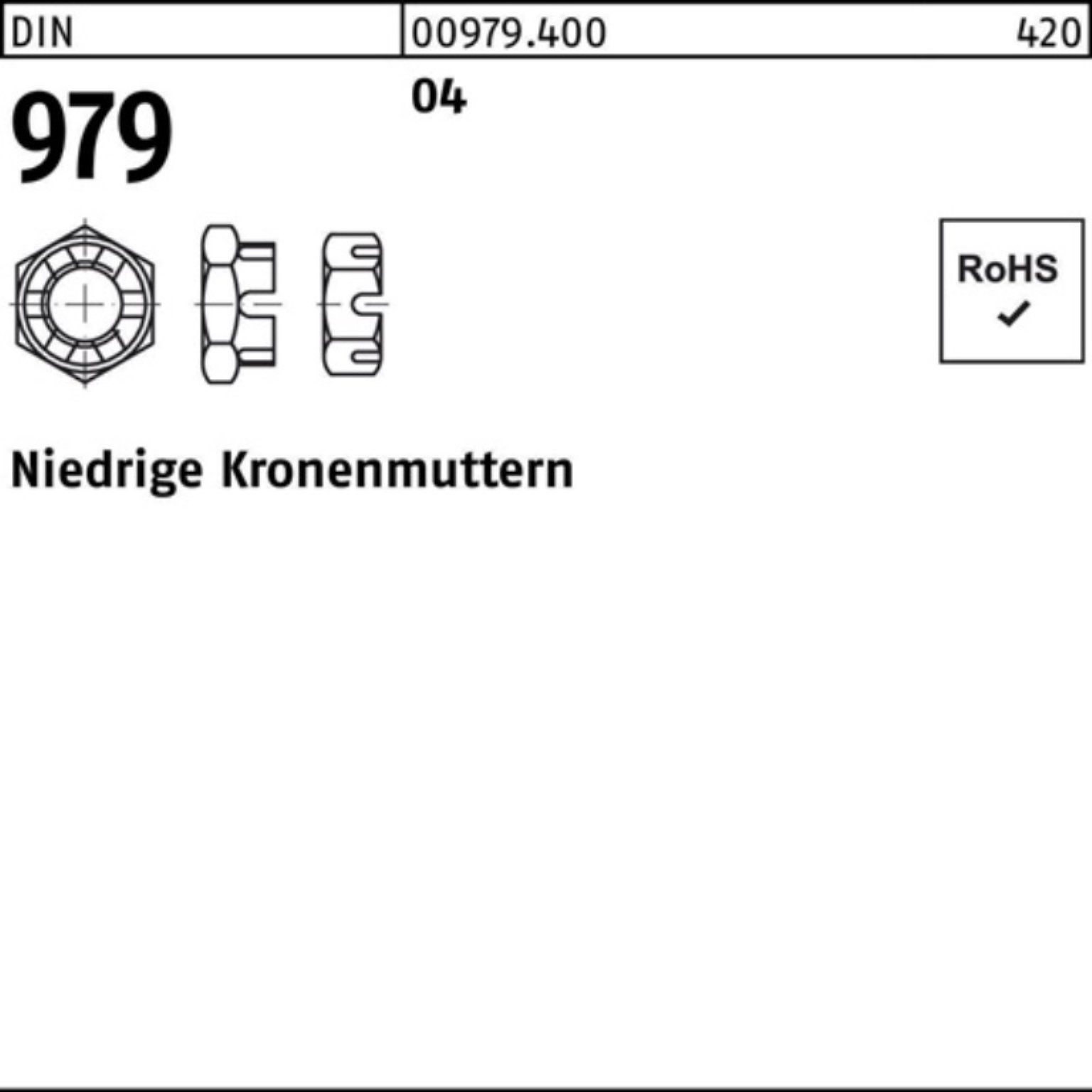 50 D 979 Kronenmutter niedrig DIN Reyher Automatenstahl Pack 100er M20 Stück Kronenmutter