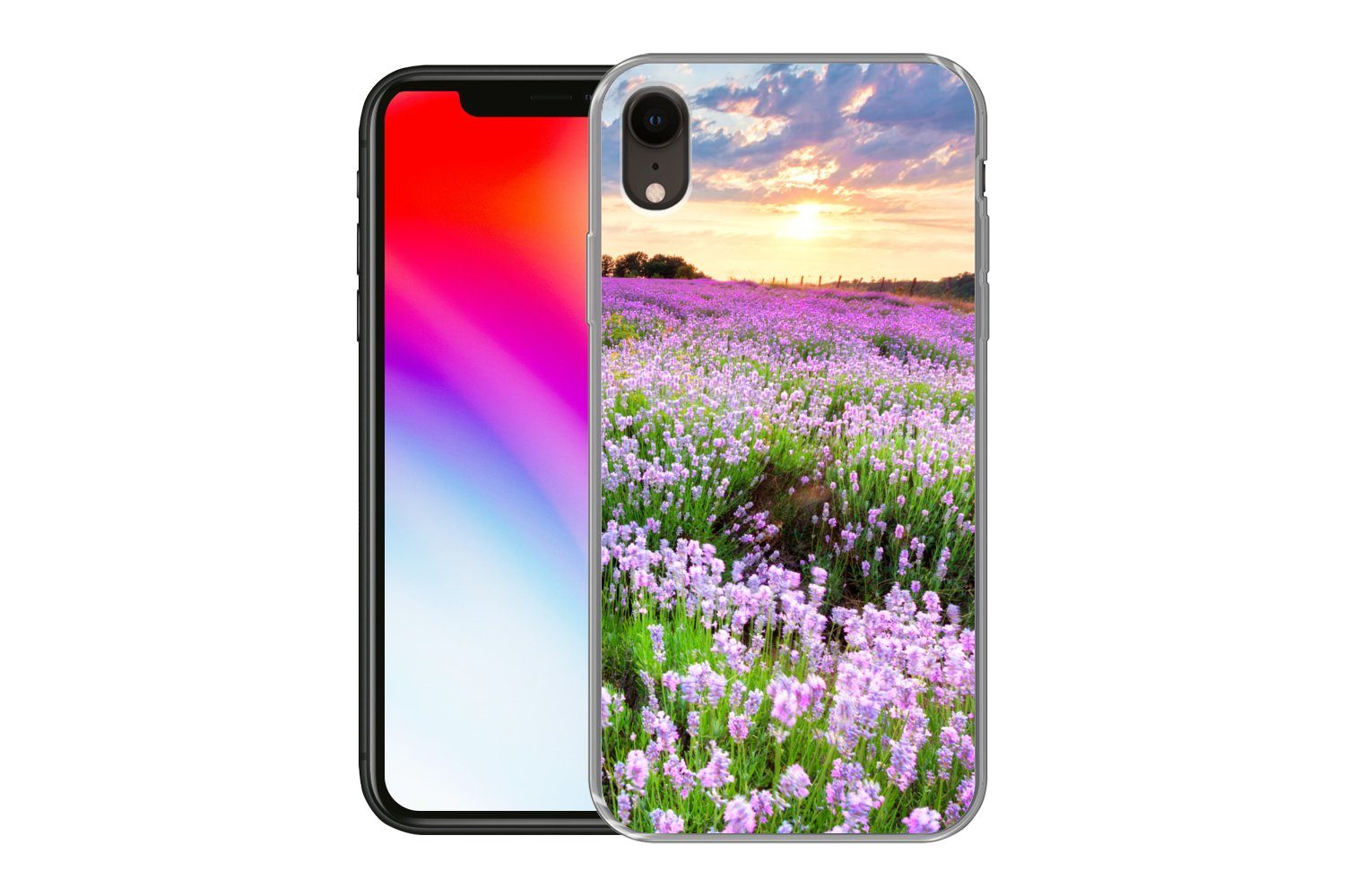 MuchoWow Handyhülle für Apple iPhone XR Blumen - Lavendel - Lila - Himmel - Sonnenuntergan, Smartphone-Bumper, Print, Handy Schutzhülle Dünn