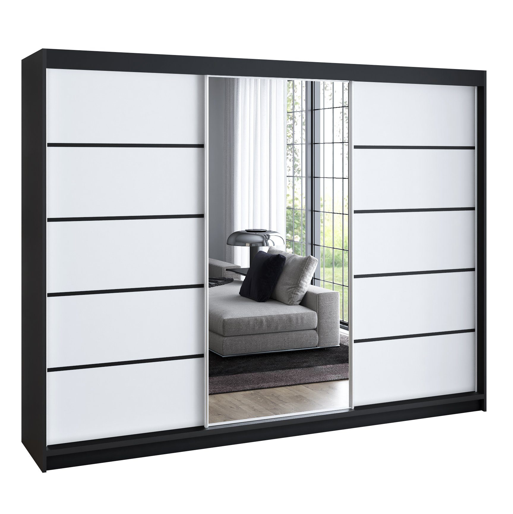 A&J MöbelLand Schwebetürenschrank GAPI 160cm Weiß - Mit Spiegel & 6 Einlegeböden