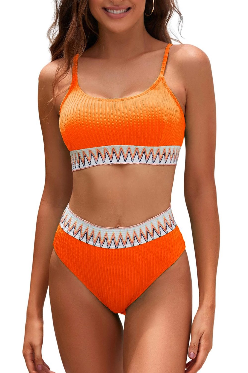ENIX Push-Up-Bikini Geripptes Bikini-Set mit hoher Taille 2 Stück Sexy Bademode mit Riemen Damen zweiteilige Bikini-Sets Badeanzüge Badeanzug mit hoher Taille