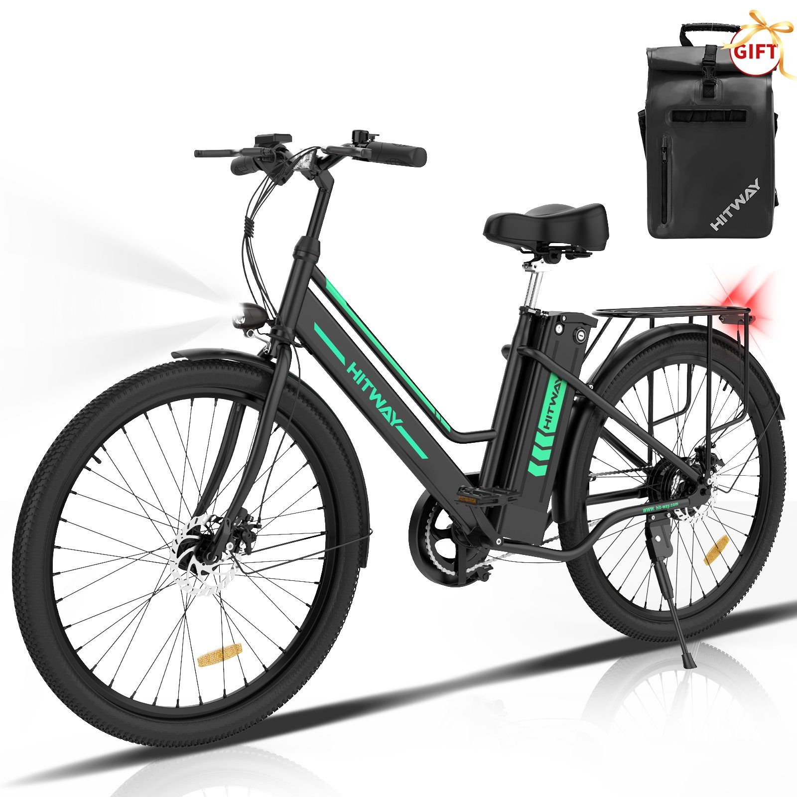 Heckmotor, E-Bike Batterieladegerät/ 36V Herren für HITWAY Zoll Damen 25km/h,35-70KM, 26 8.4AH E-Fahrrad schwarz-tasche Pumpe/Fahrradschloss
