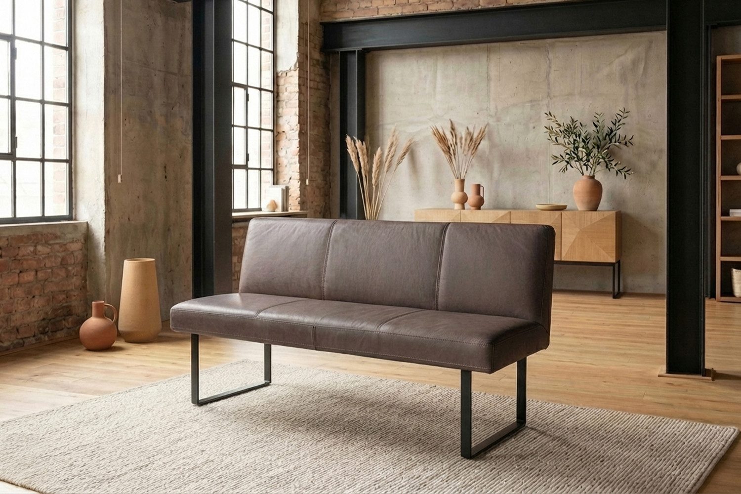 KAWOLA Sitzbank ELEEN Esszimmerbank Leder pigmentiert – modernes Design, 163 cm Breite, hoher Sitzkomfort, Metallgestell schwarz