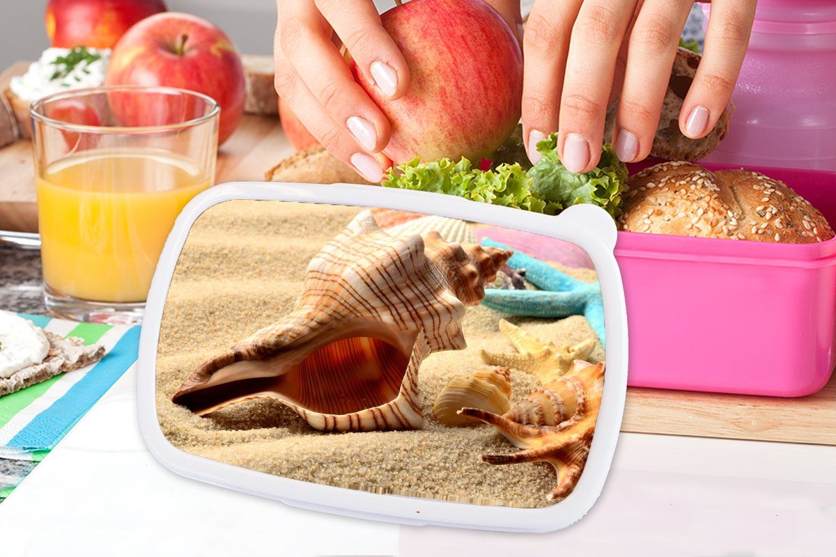 Seesterne Sand Kunststoff, Kinder, Lunchbox MuchoWow - Muscheln - Erwachsene, Kunststoff (2-tlg), - Strand, für Brotdose rosa Snackbox, Brotbox Mädchen,