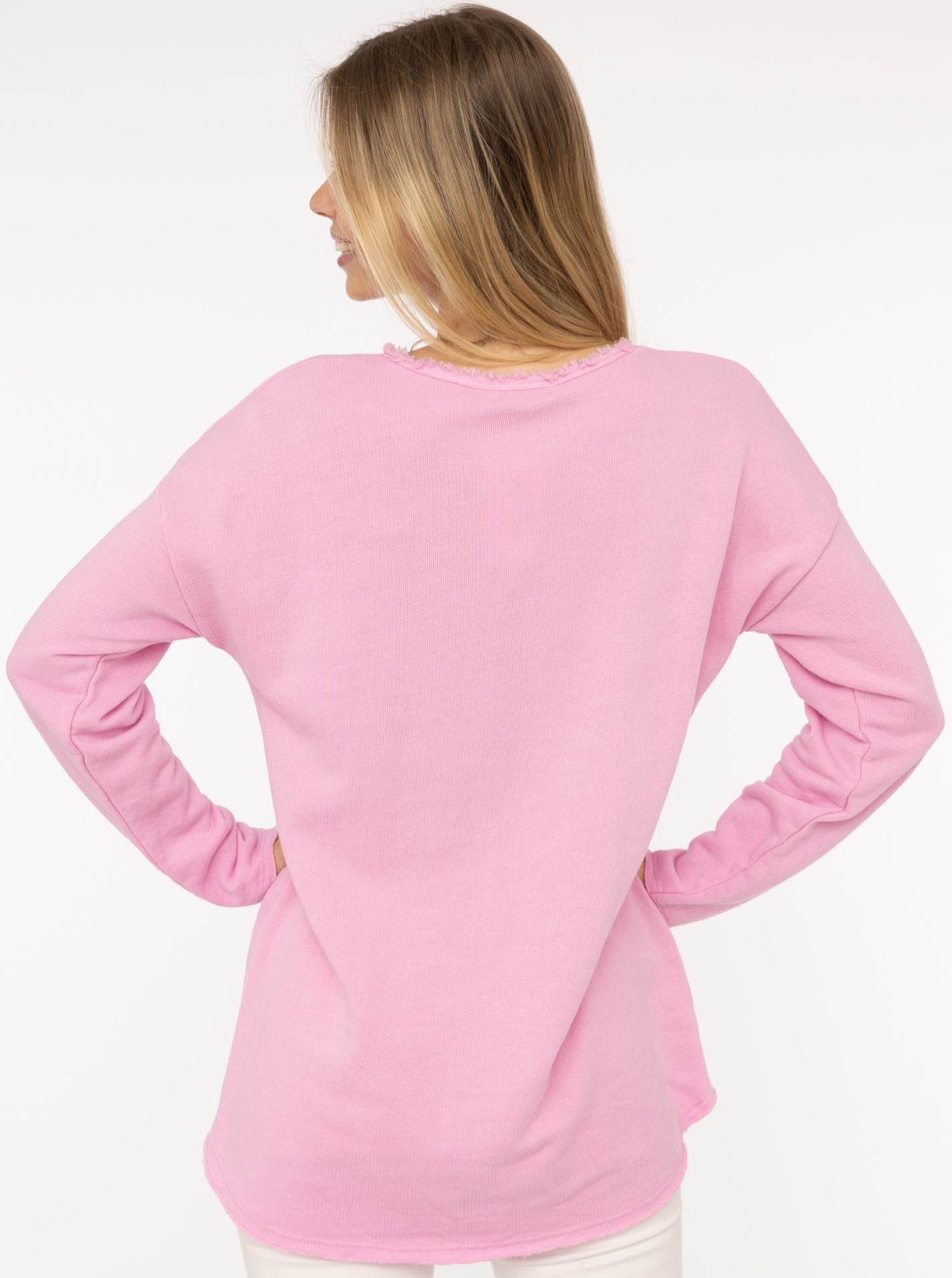 Zwillingsherz Sweater "Sea Sand Sun" Flock-Print, ausgefranster Rundhalsausschnitt, Langarm