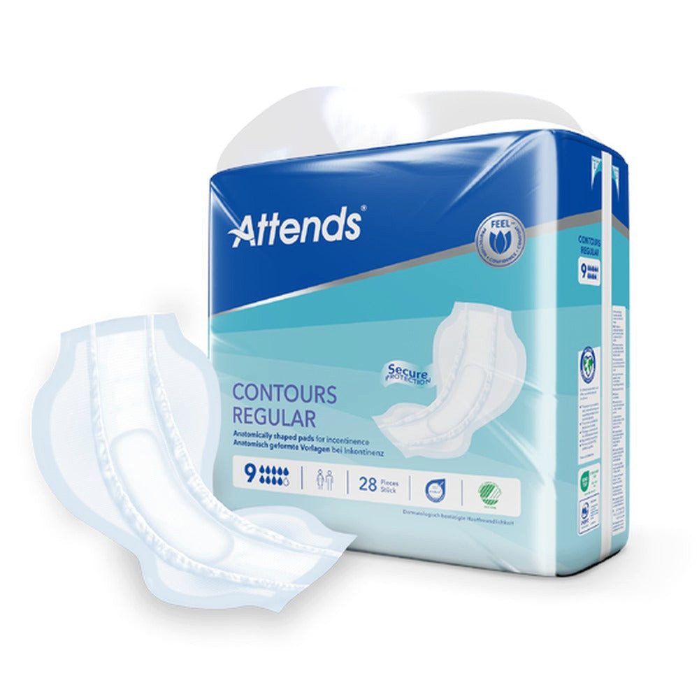Attends GmbH Inkontinenz-Einlage Attends Contours Regular 9, 9 von 10, 28-St., Saugstärke 9/10, 70 x 19,5 cm, Nässeindikator, für Fixierhose
