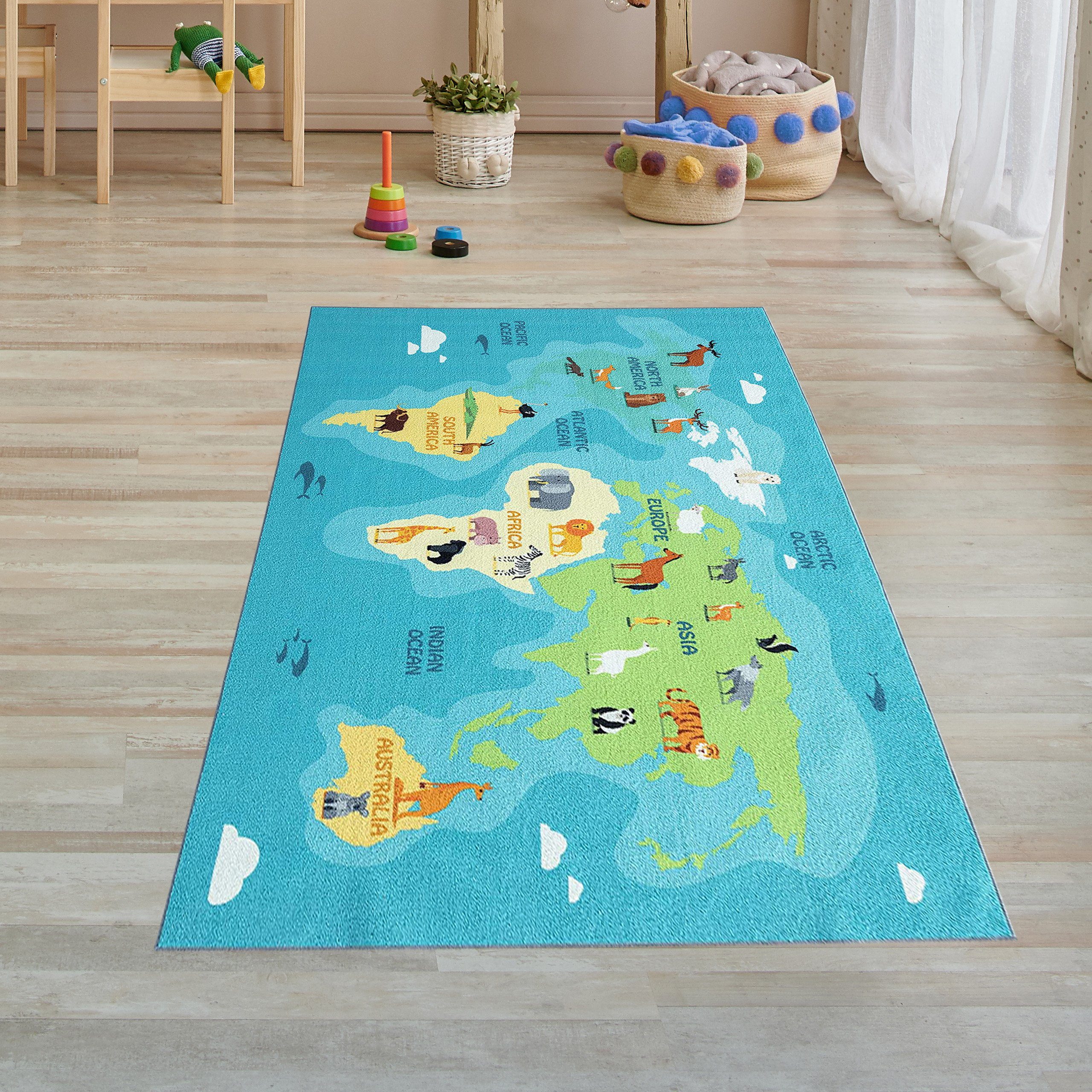 Teppich Kinderzimmer mm rechteckig, in Tiere Teppich-Traum, Höhe: Meere blau, Weltkarten-Lernteppich & 5