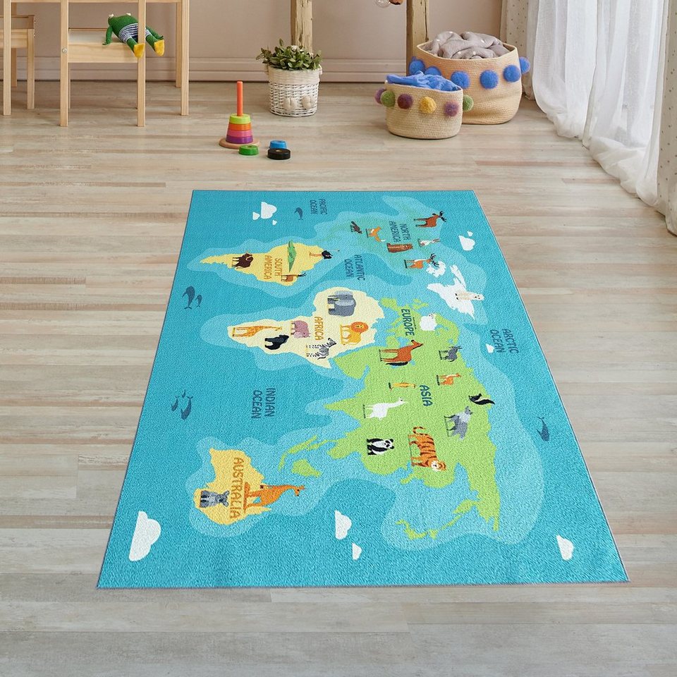 Teppich Kinderzimmer Weltkarten-Lernteppich Tiere & Meere in blau, Teppich-Traum,  rechteckig, Höhe: 5 mm