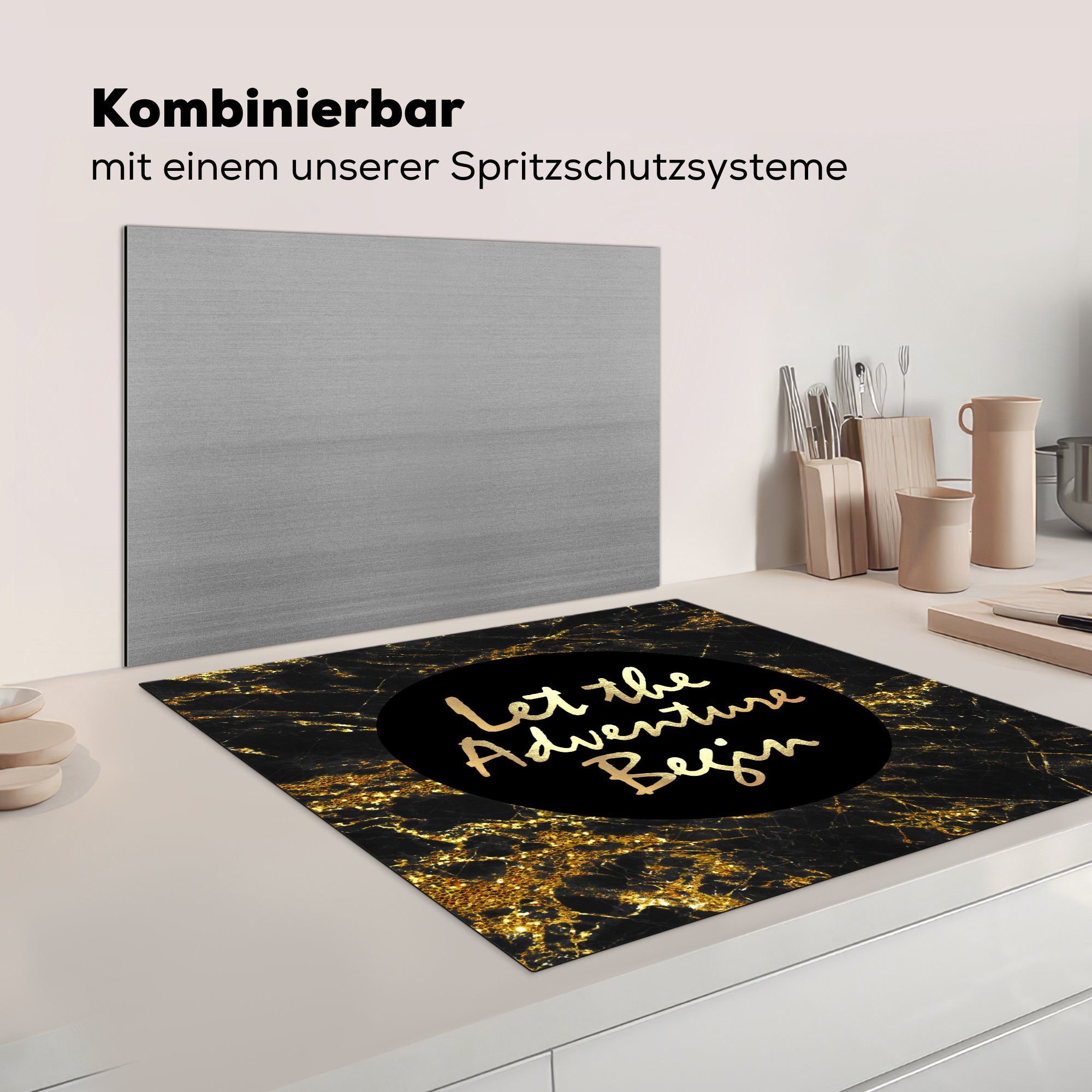 Zitat küche cm, tlg), MuchoWow (1 Arbeitsplatte Marmor, Herdblende-/Abdeckplatte Ceranfeldabdeckung, für 78x78 - Außen - Vinyl, - Gold