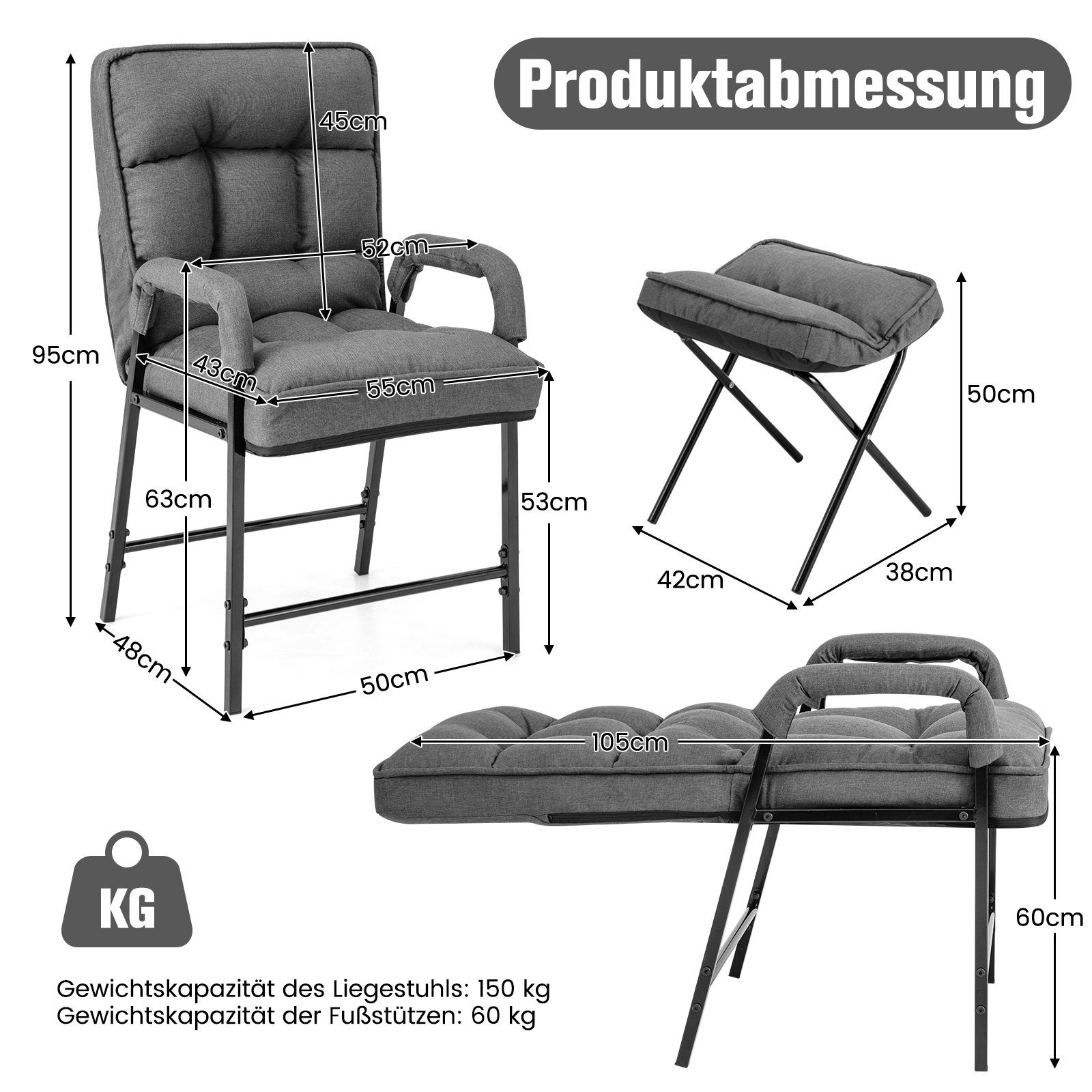 COSTWAY Relaxsessel, mit liegefunktion,Hocker,verstellbar,gepolstert,150kg