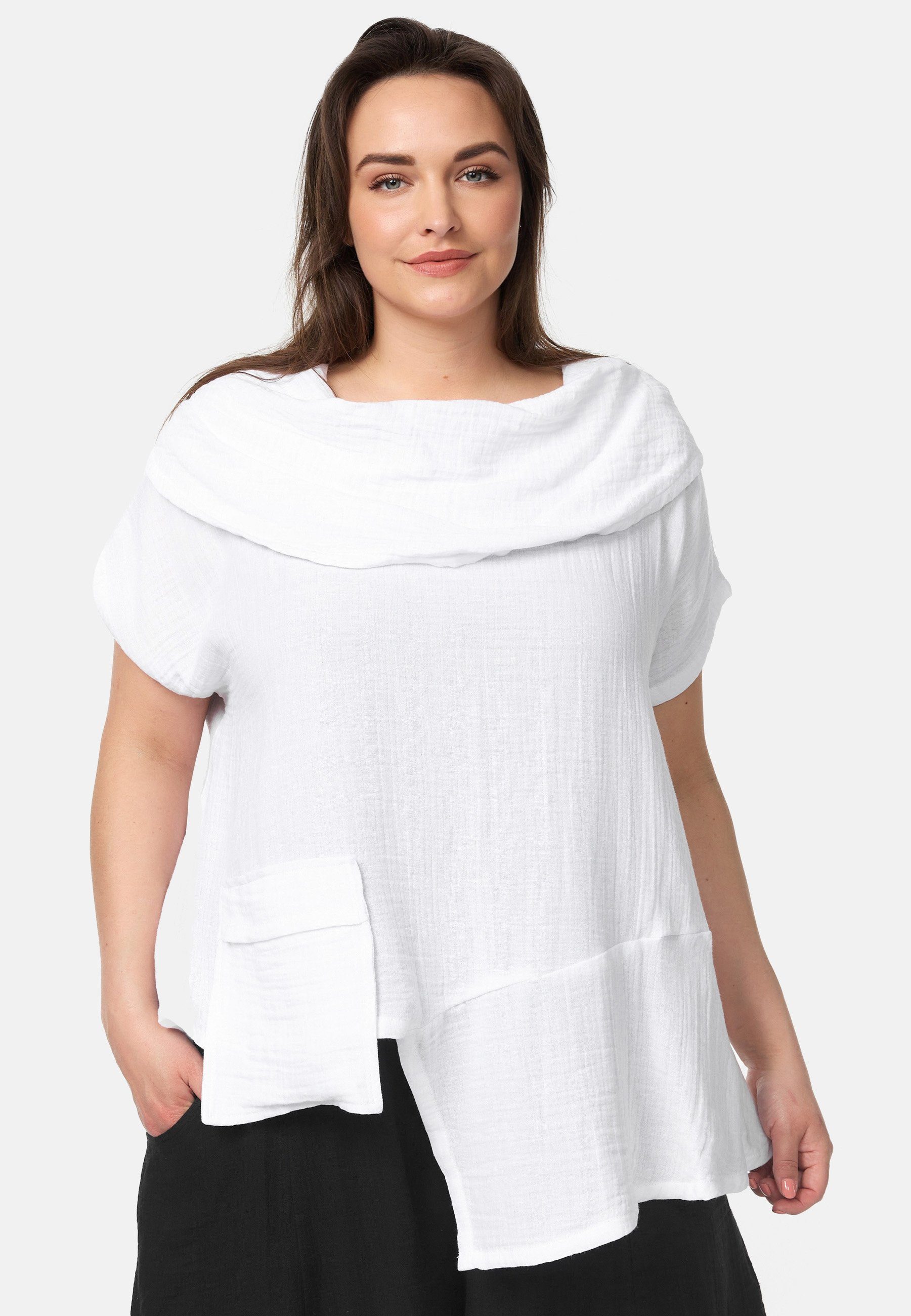 Kekoo T-Shirt Tunikashirt Schnitt 'Natura Weiß Kollektion Wasserfallkragen mit Asymmetrischer